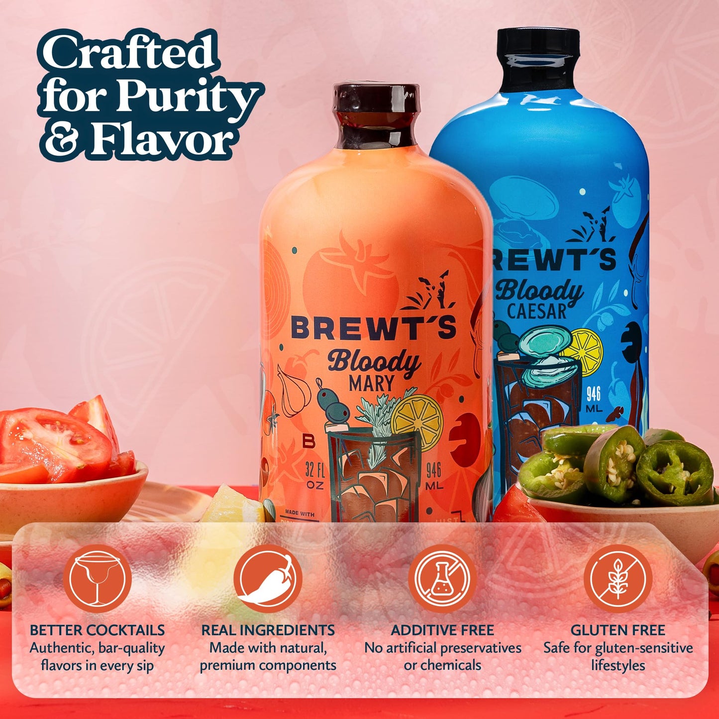 Brewt’s Spicy Bloody Mary Mix - Handcrafted Cocktail & Mocktail Mixer with Real Ingredients, Citrus, Horseradish - Low Sodium, Zero Preservatives - 32