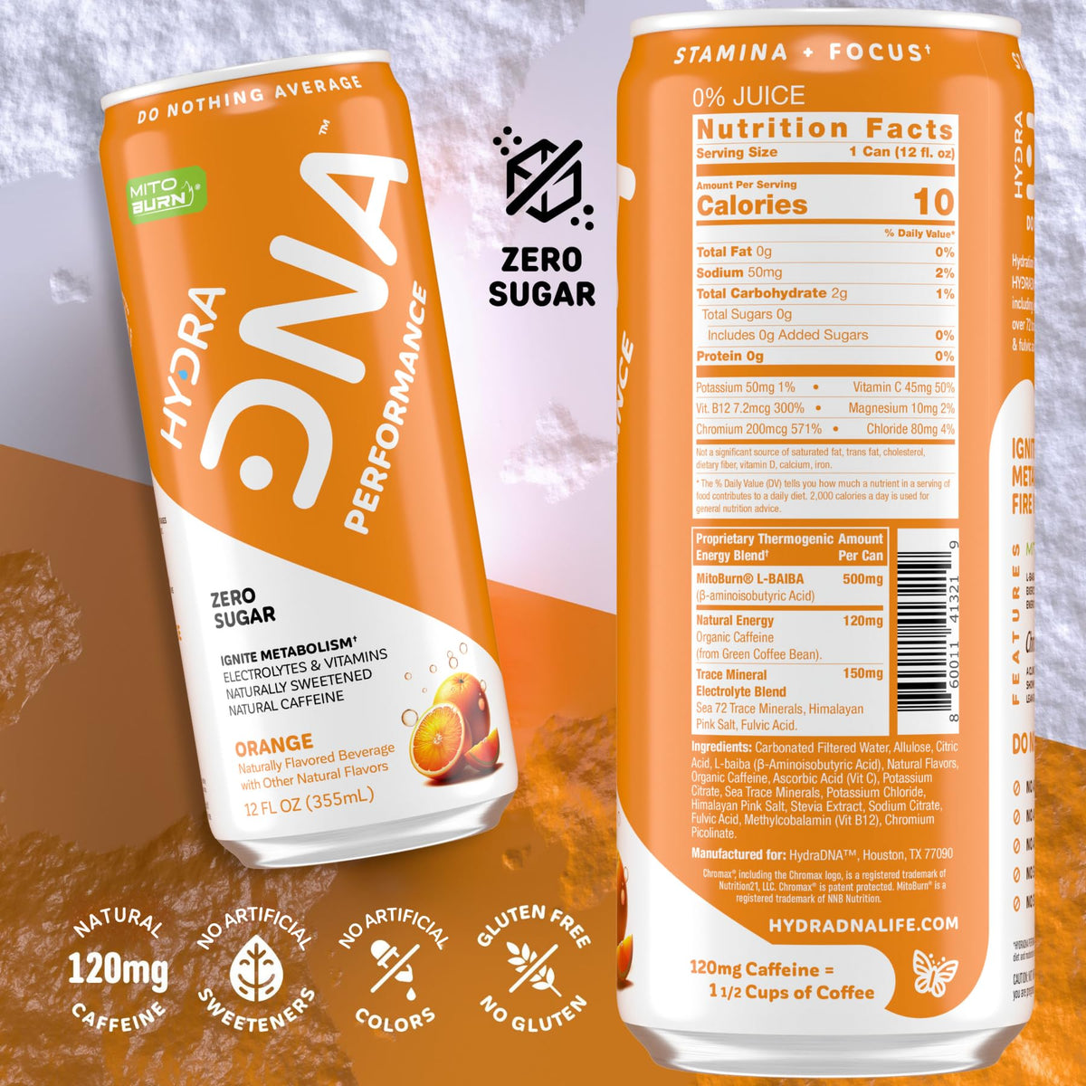 HYDRADNA- Clean Performance Drink, Zero Sugar | For Natural Fuel, Alertness, Boost, Stamina,120 mg Organic Caffeine, Natural Flavors, Zero Sucralose