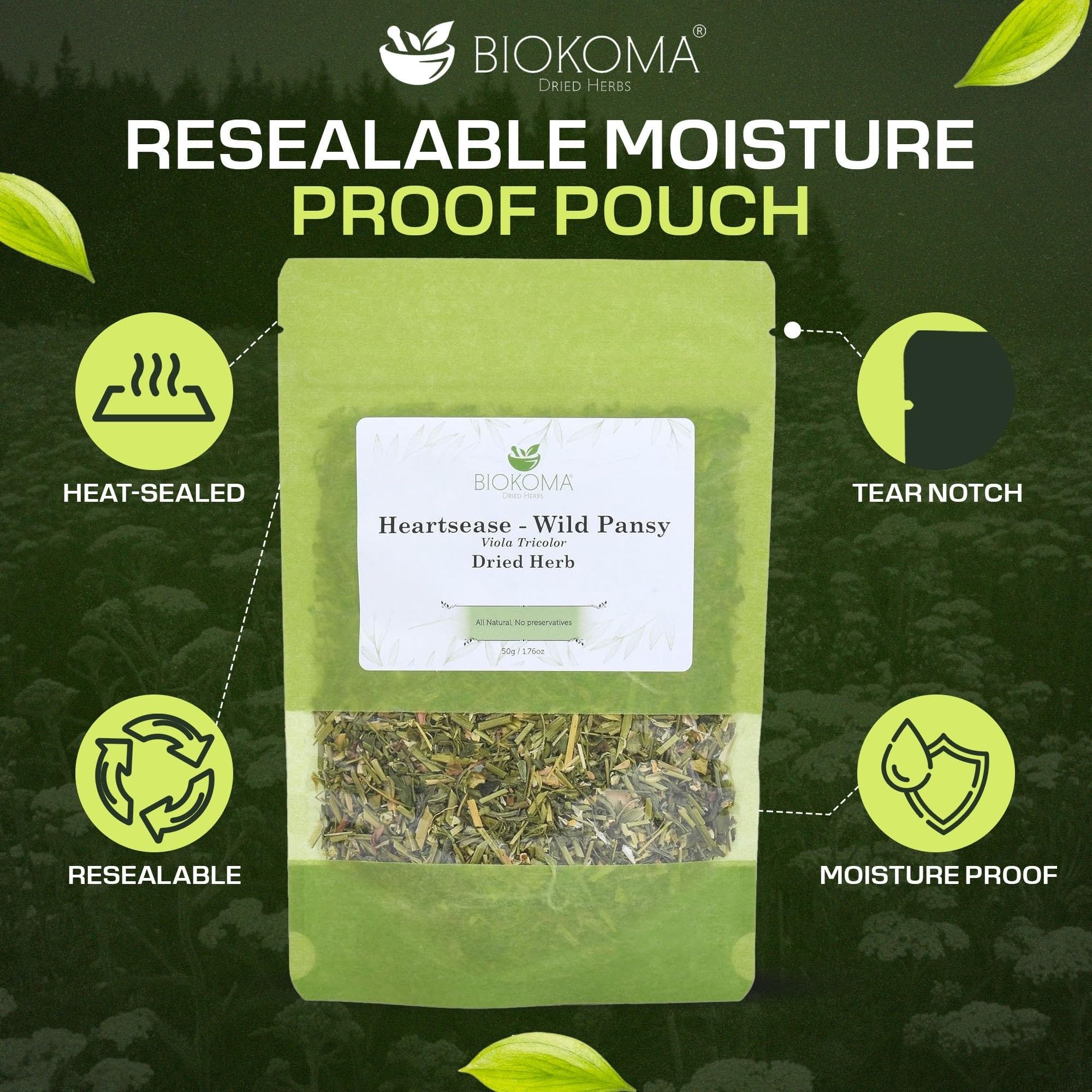 Biokoma Heartsease Wild Pansy Dried Herb 50g 1.76oz Viola Tricolor Herbal Tea Natural Detox Healthy Skin Support Respiratory Boost Resealable No