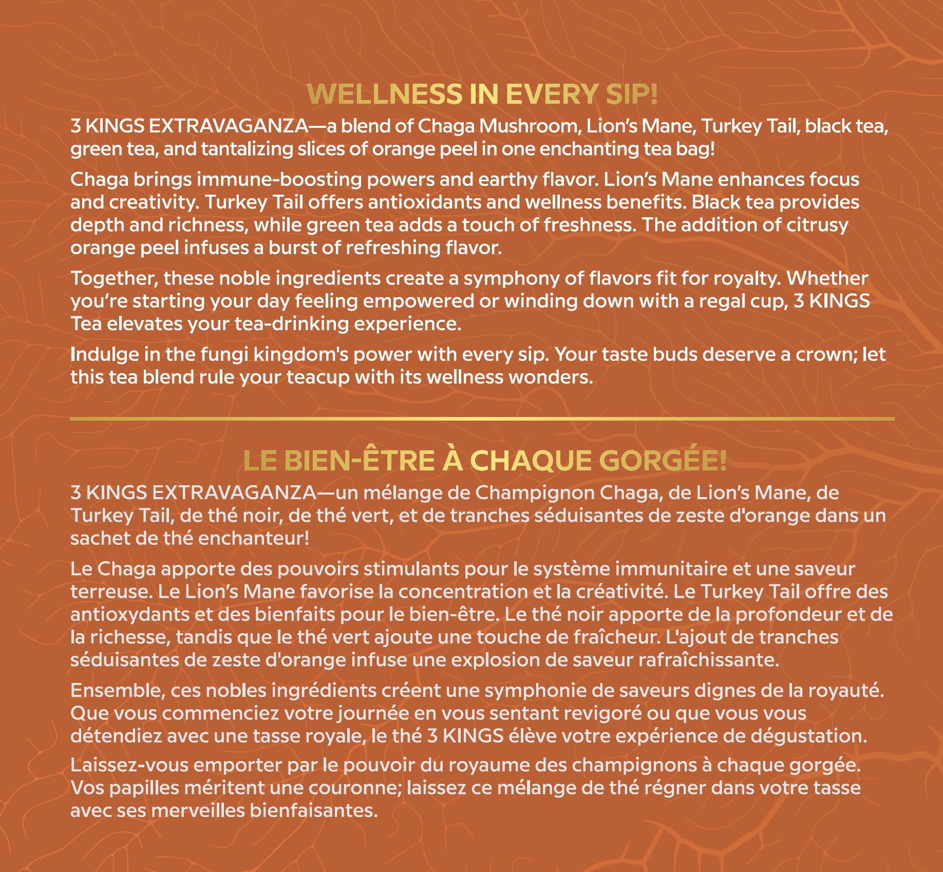 3 KINGS Premium Chaga - Lions Mane - Turkey Tail Mushrooms & Orange Tea Blend - 30 Tea Bags