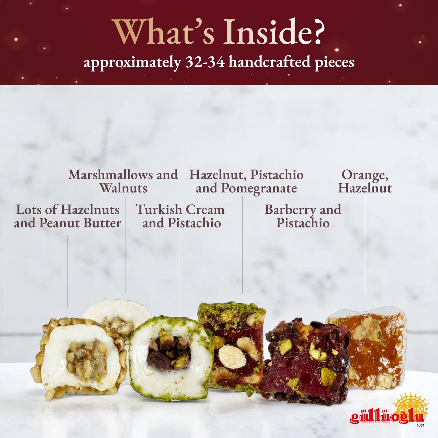 Gulluoglu Assorted Premium Turkish Delight Candy Gift Set, 1.65 lb - 750 gr, Approx. 30-32 pieces, daily fresh shipment from Istanbul/Turkey