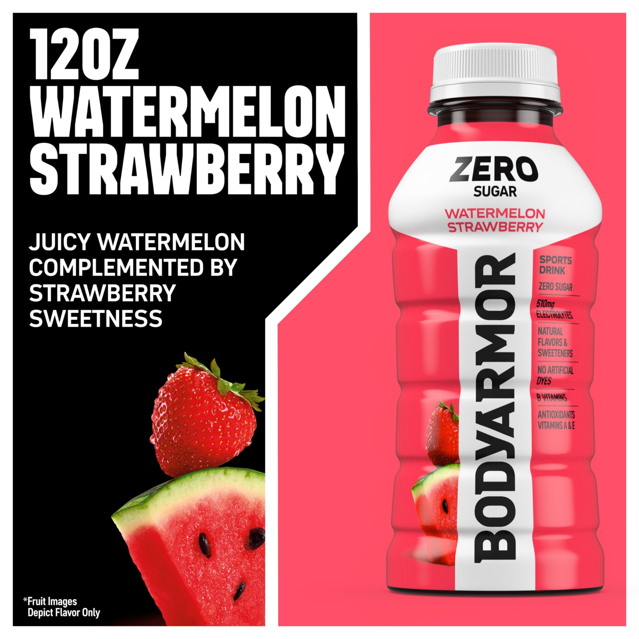BODYARMOR ZERO Sugar Watermelon Strawberry Electrolyte Drink, Natural Flavors, 12 Fl Oz Bottles (8 Pack), B Vitamins & Antioxidants Sugar Free