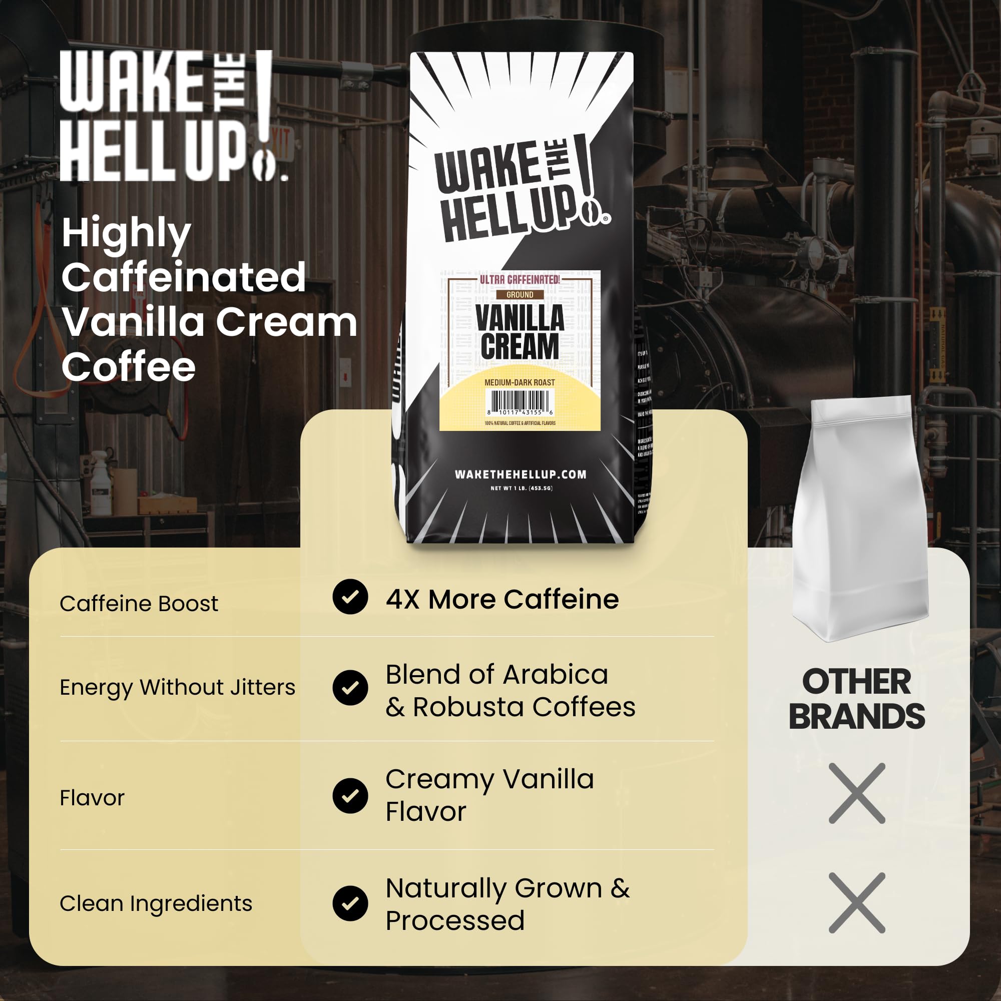 Wake The Hell Up! 1lb Ultra-Caffeinated Vanilla Cream Ground Coffee, Low Acid, Medium-Dark Roast