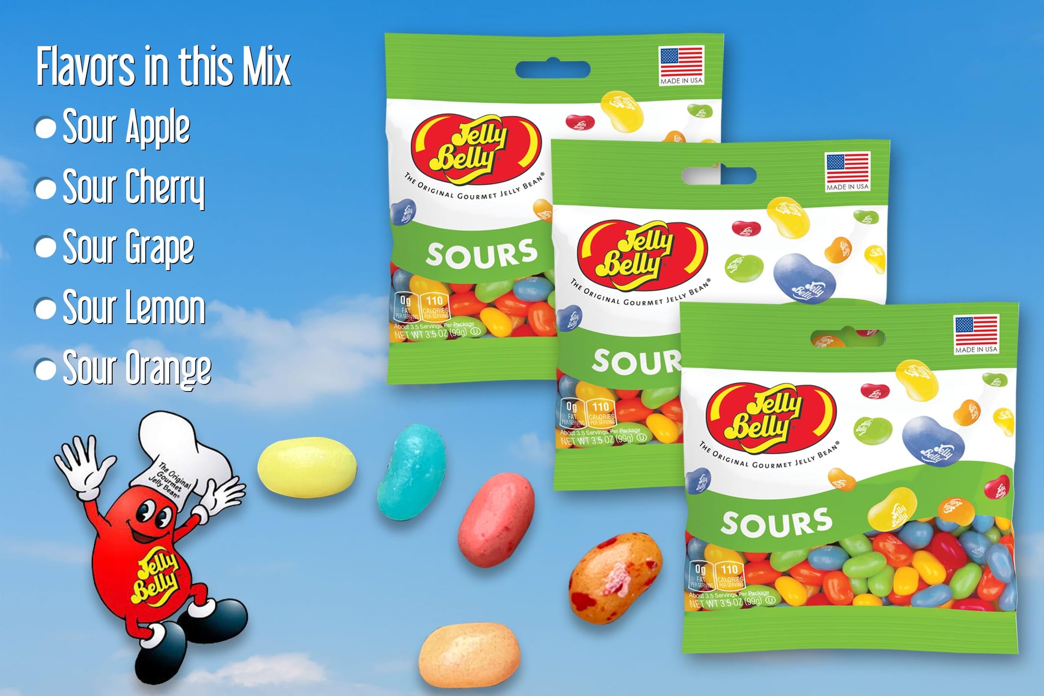 Jelly Belly Sours Mix Jelly Beans, 3.5 oz Grab & Go Bags - Pack of 3 sold in Jelly Belly Bag