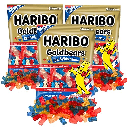 Haribo Goldbears Red, White & Blue Gummy Candy - Patriotic Fruit Flavored Gummies, Limited Edition Share Size Bag, Pack of 3