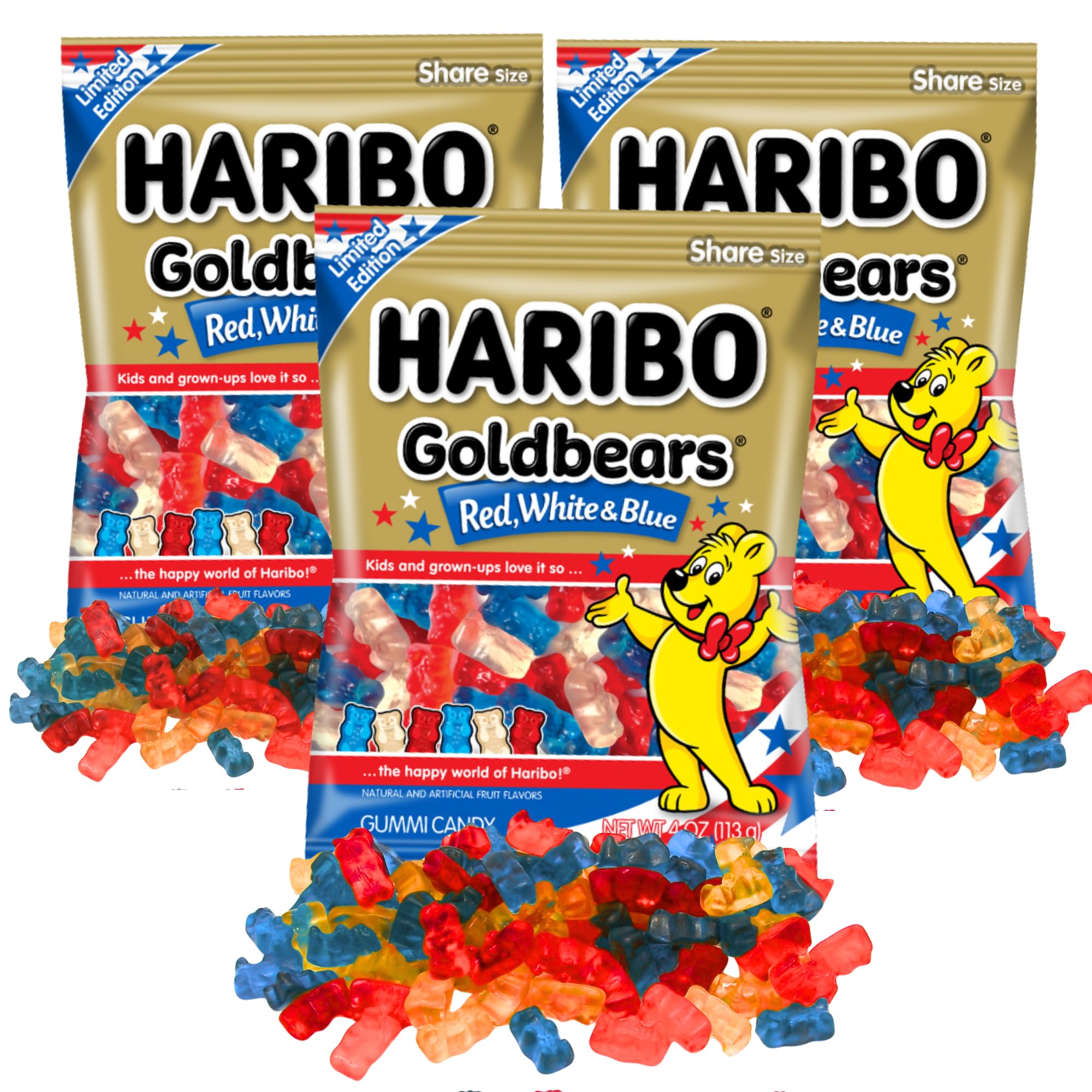 Haribo Goldbears Red, White & Blue Gummy Candy - Patriotic Fruit Flavored Gummies, Limited Edition Share Size Bag, Pack of 3