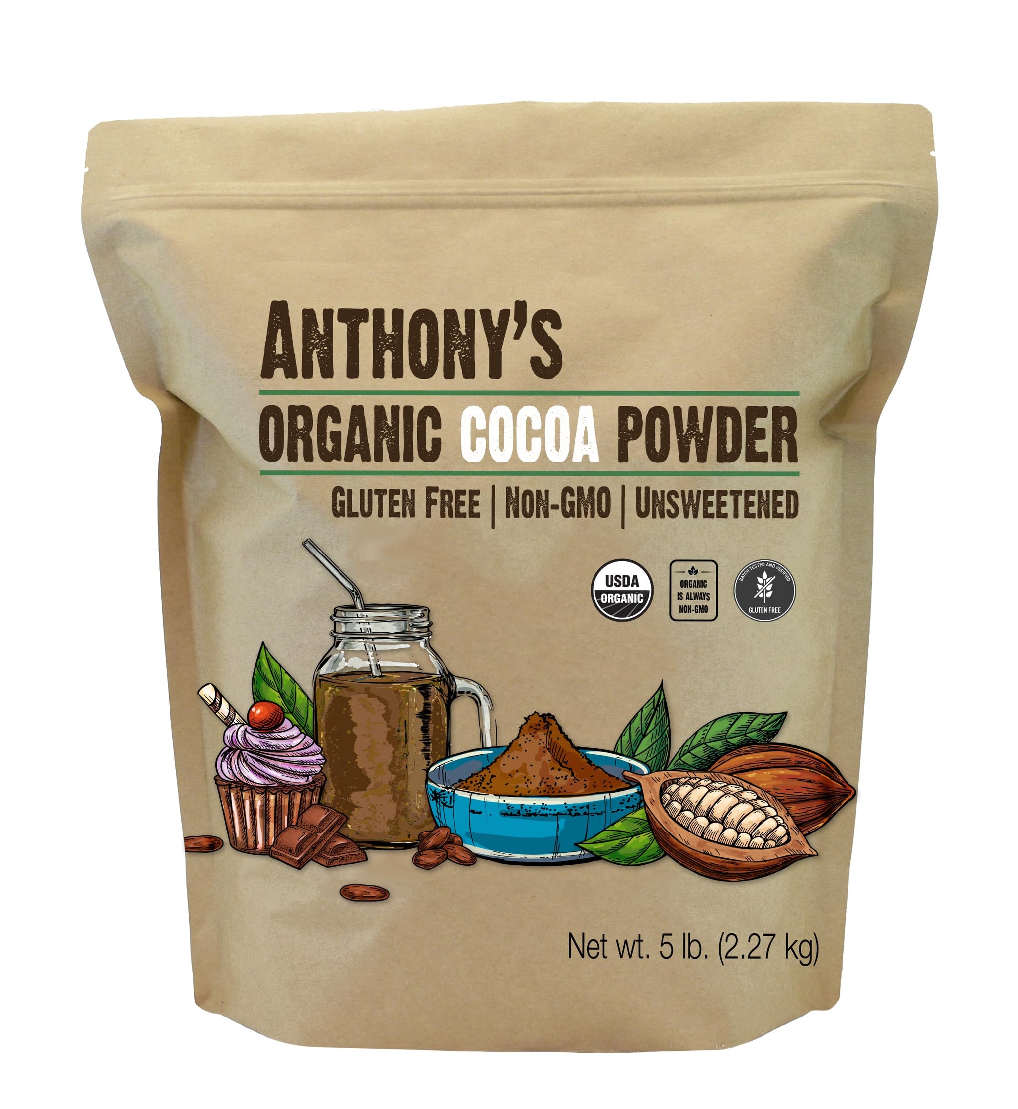 Anthony's Organic Cocoa Powder, 5 lb, Unsweetened, Gluten Free, Non GMO