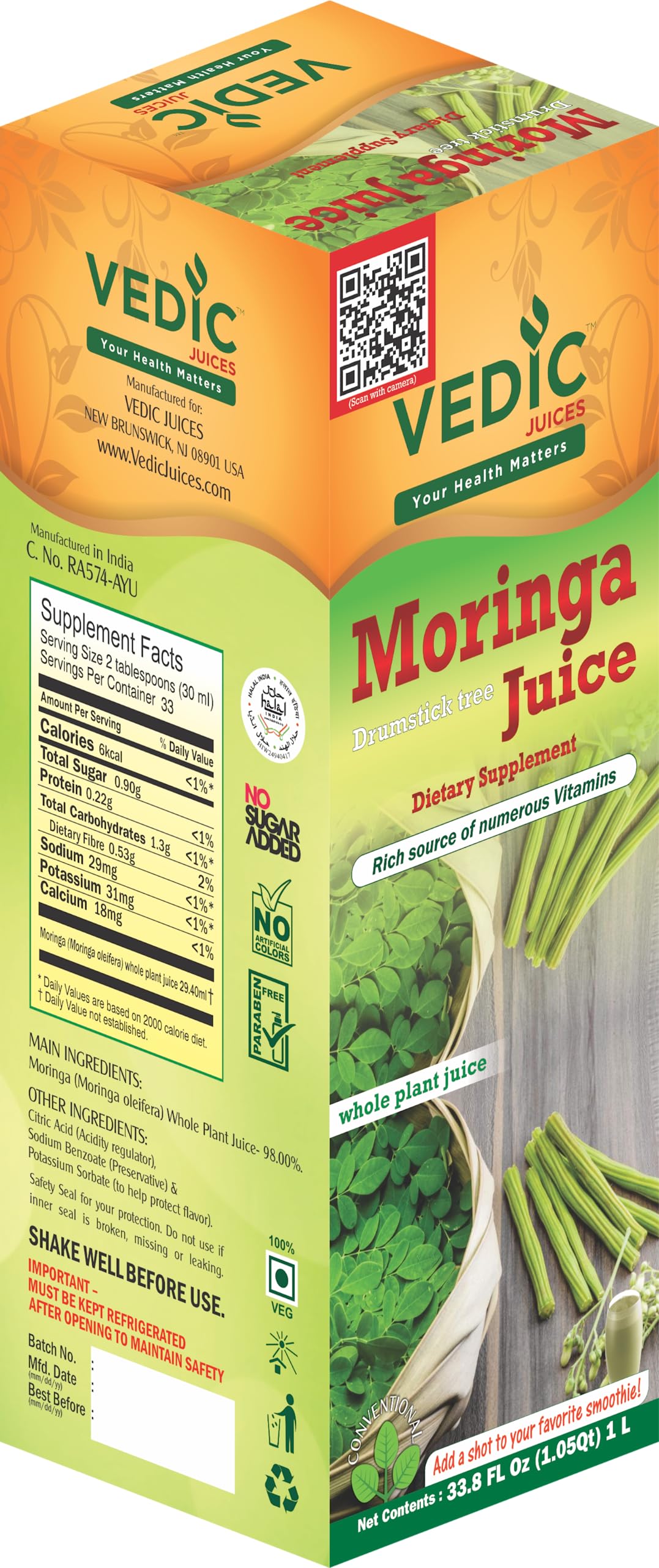Vedic Moringa Juice Energy Plus - Multivitamin and Antioxidant Drink - Natural Leaf Plant Protein - 33.8oz, Ideal for Daily Use