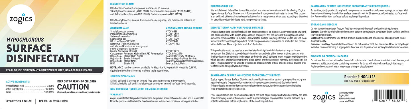 Zogics Hypochlorous Acid Ready-to-Use Disinfectant - EPA-Registered List N - Perfect for ULV & Electrostatic Sprayers and Foggers (1 Gallon)