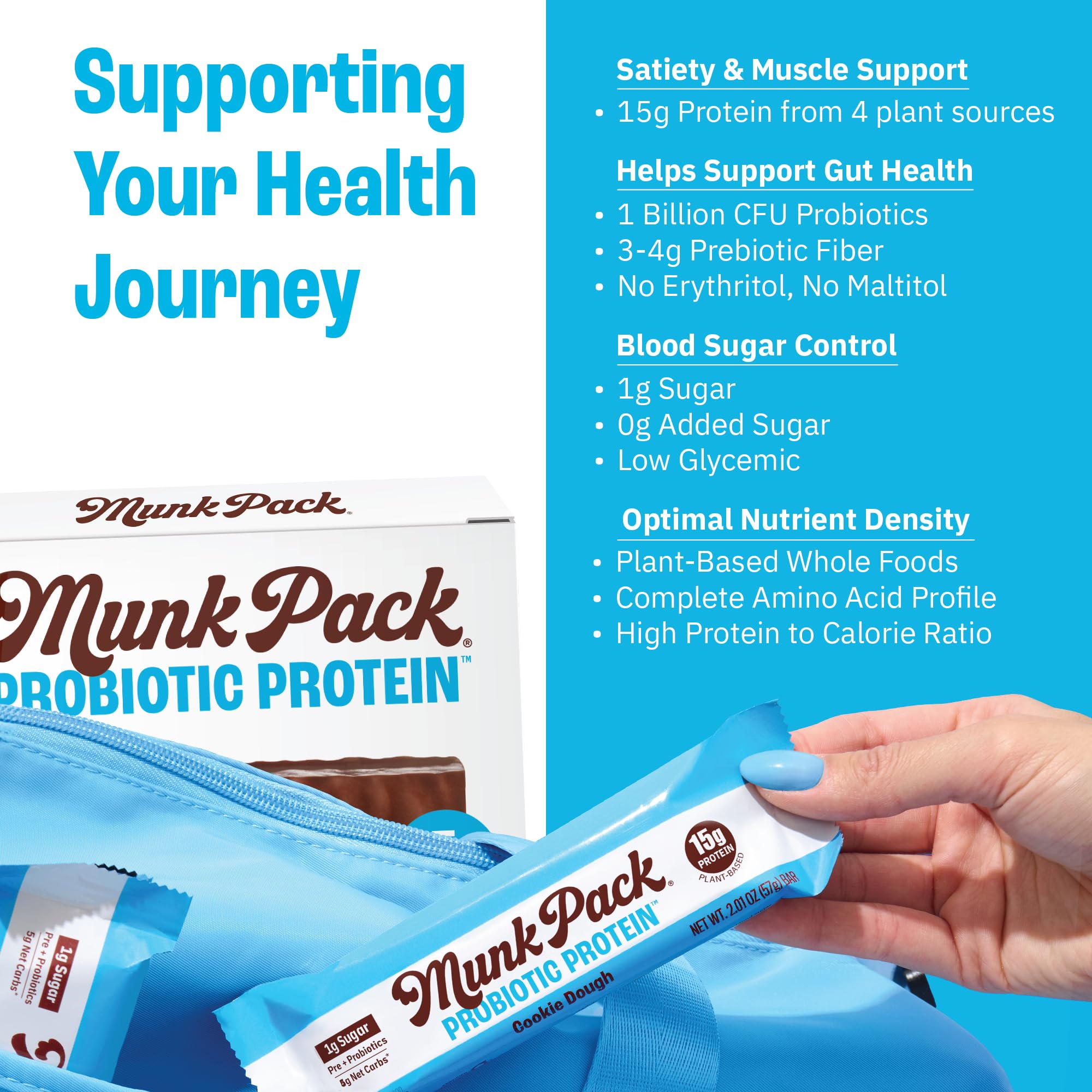 Munk Pack Cookie Dough Probiotic Keto Protein Bars | 15g Protein, 1g Sugar, 4g Net Carbs | Plant-Based, Low Sugar, Gut Health Snacks, Gluten-Free