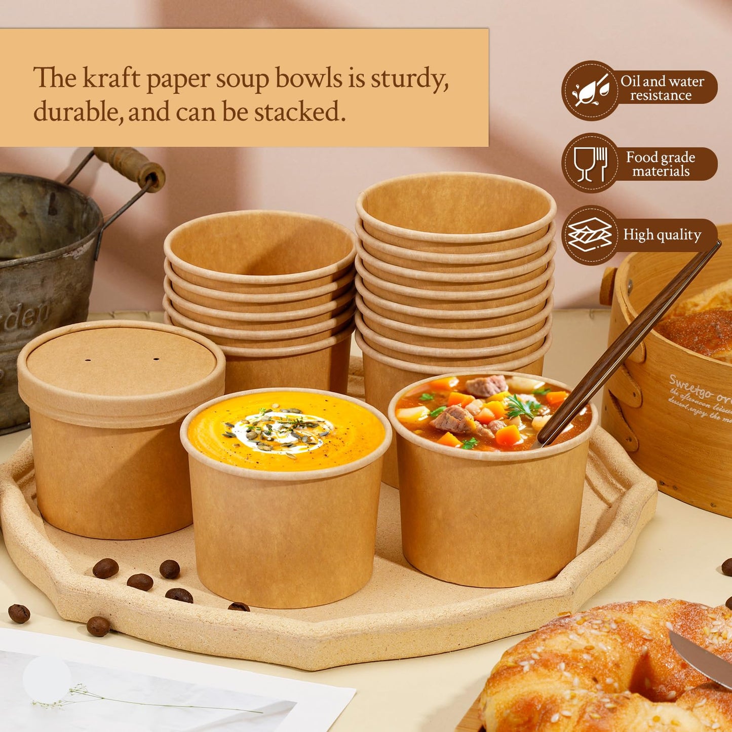 Huaiid 12 oz 50 Pack Paper Soup Containers with Lids, Disposable Paper Soup Bowls, To Go Bowls with Lids, Disposable Dessert Bowls for Hot or Cold