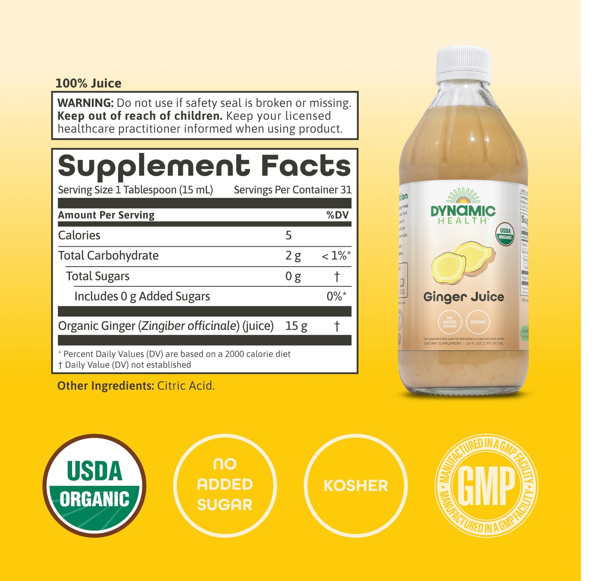 Dynamic Health Organic Ginger Juice - Bold, Plant-Powered Flavor for Wellness Support - USDA Organic, No Added Sugar, Kosher Certified - 31 Servings