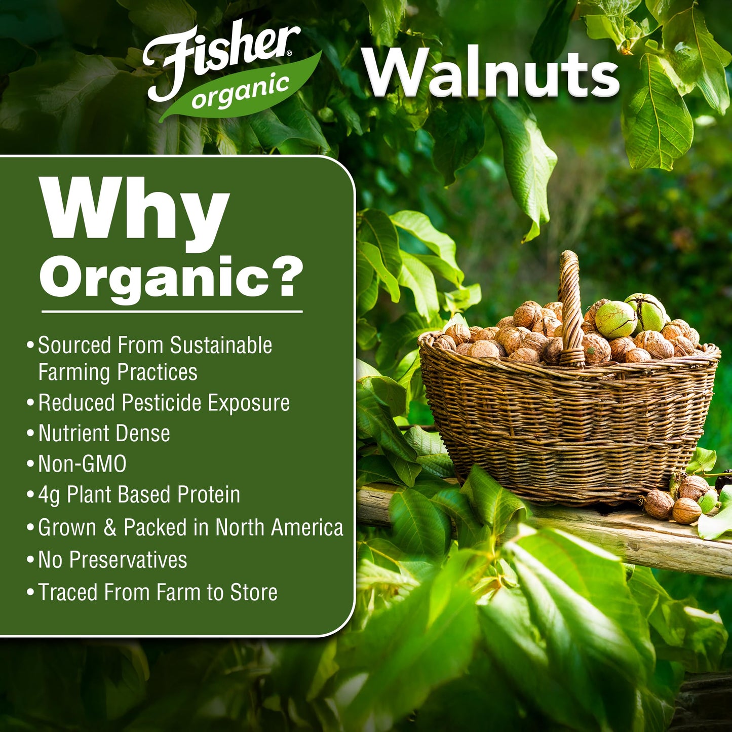 Fisher Organic Walnut Halves & Pieces 16 oz, USDA Certified Organic Nuts, Unsalted California Grown, Non-GMO, No Preservatives, Walnuts for Baking