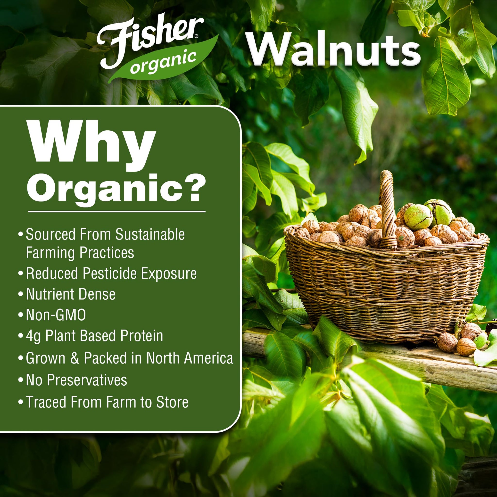 Fisher Organic Walnut Halves & Pieces 16 oz, USDA Certified Organic Nuts, Unsalted California Grown, Non-GMO, No Preservatives, Walnuts for Baking