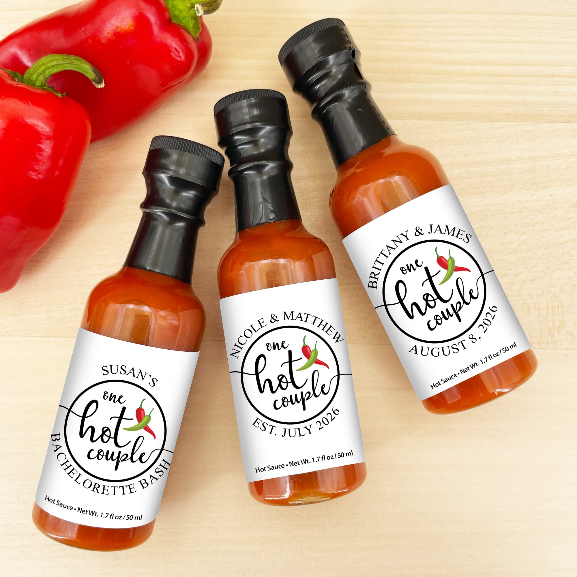 Best Day Ever Spot One Hot Couple Sauce Gifts, Mini Bottles, Wedding Favors, Custom, Labels, Personalized - 1.7oz (Set of 12)