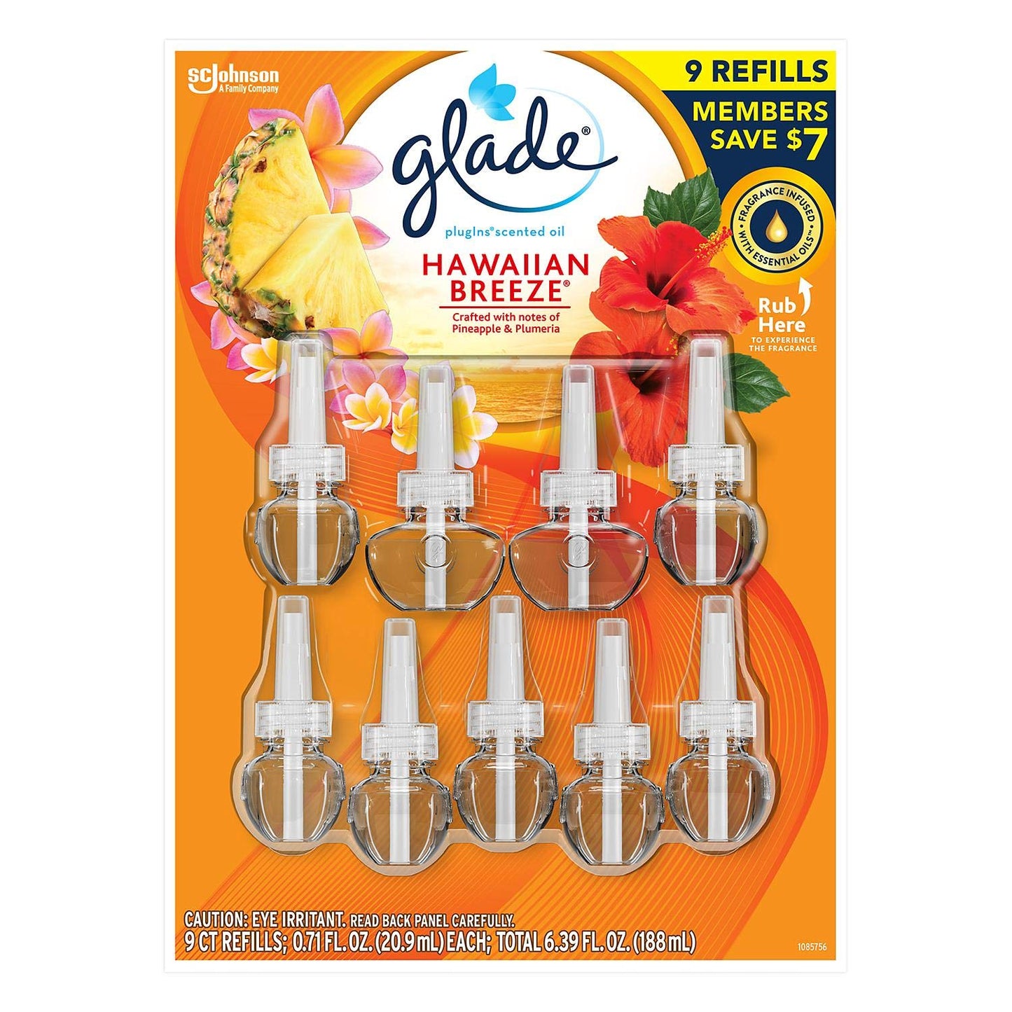 Glade PlugIns Scented Oil Refill, Essential Oil Infused Wall Plug in, 6.39 fl. oz, 9 ct. (Hawaiian Breeze)