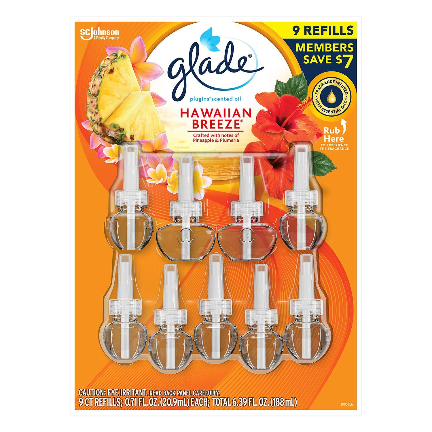 Glade PlugIns Scented Oil Refill, Essential Oil Infused Wall Plug in, 6.39 fl. oz, 9 ct. (Hawaiian Breeze)