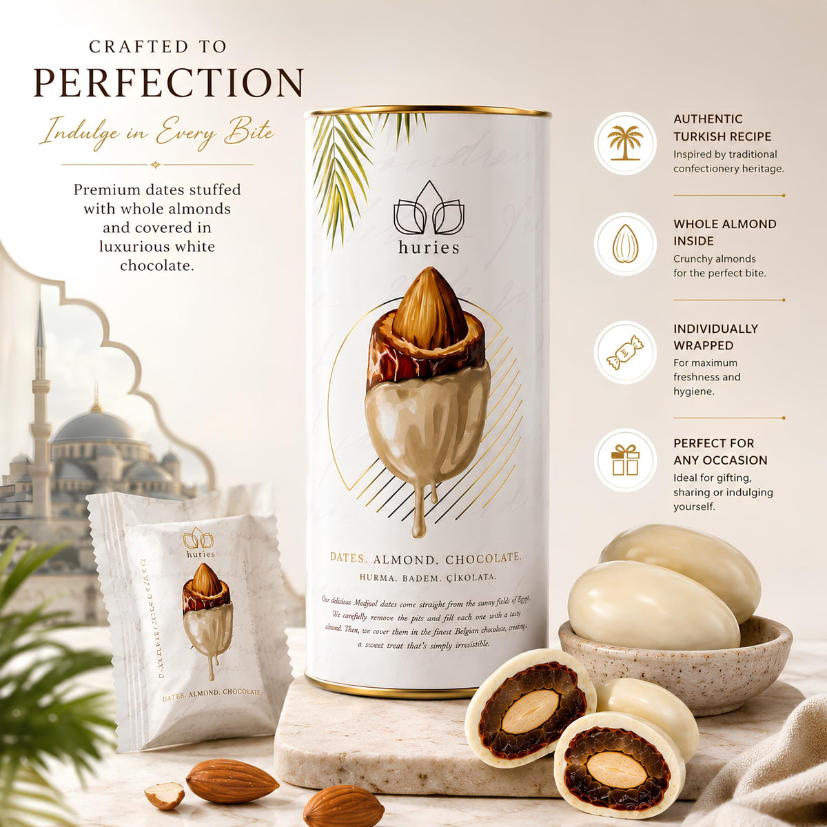 Huries White Chocolate Covered Dates with Almonds, Individually Wrapped Gourmet Stuffed Date Candy, Turkish Dessert Snack, 200 g