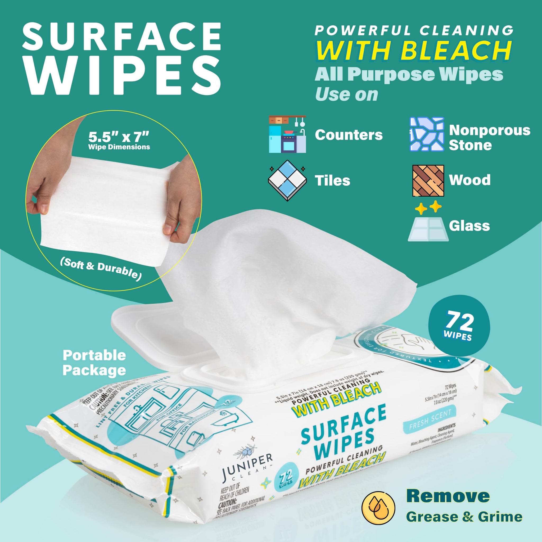 Juniper CLEAN 24 Pack Surface Cleaning Wipes with Bleach, All-Purpose Cleaner for Bathroom, Kitchen, Office, 1728 Count Soft Flow, Fresh Scent, Lint