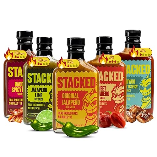 Stacked Hot Sauce Variety Pack - Original Jalapeño, Sweet Habanero, Jalapeño Lime, Bacon Spicy BBQ, and Teriyaki - Pack of 5, 6.7 fl oz Each - Real