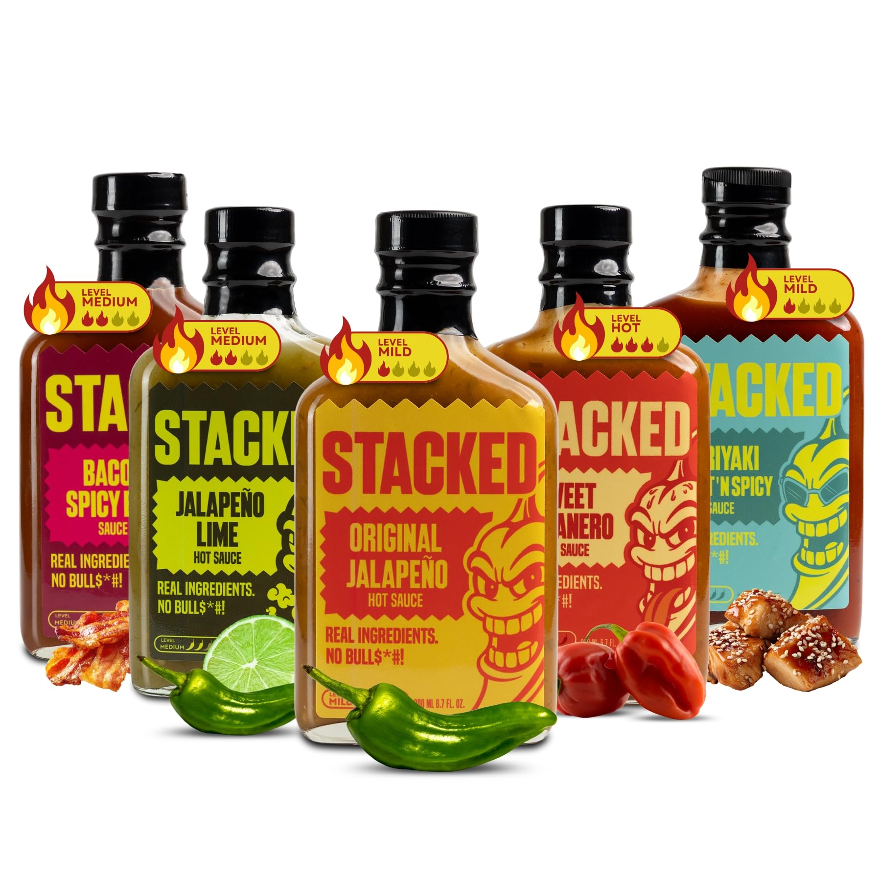 Stacked Hot Sauce Variety Pack - Original Jalapeño, Sweet Habanero, Jalapeño Lime, Bacon Spicy BBQ, and Teriyaki - Pack of 5, 6.7 fl oz Each - Real