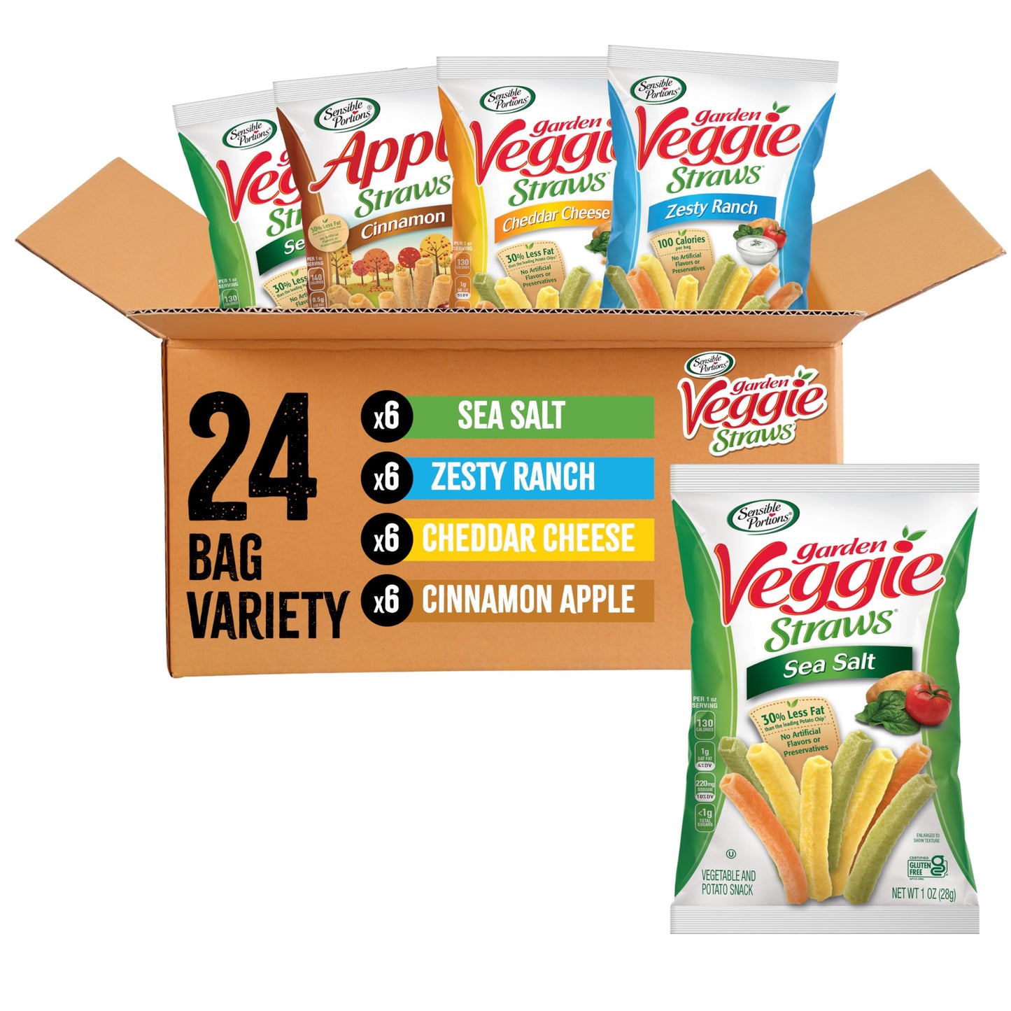 Sensible Portions Veggie Straws - Garden Snacks Variety Pack, Sea Salt, Ranch, Cheddar, Apple Cinnamon, Gluten Free Bulk Snacks, 1 Oz (Pack of 24)