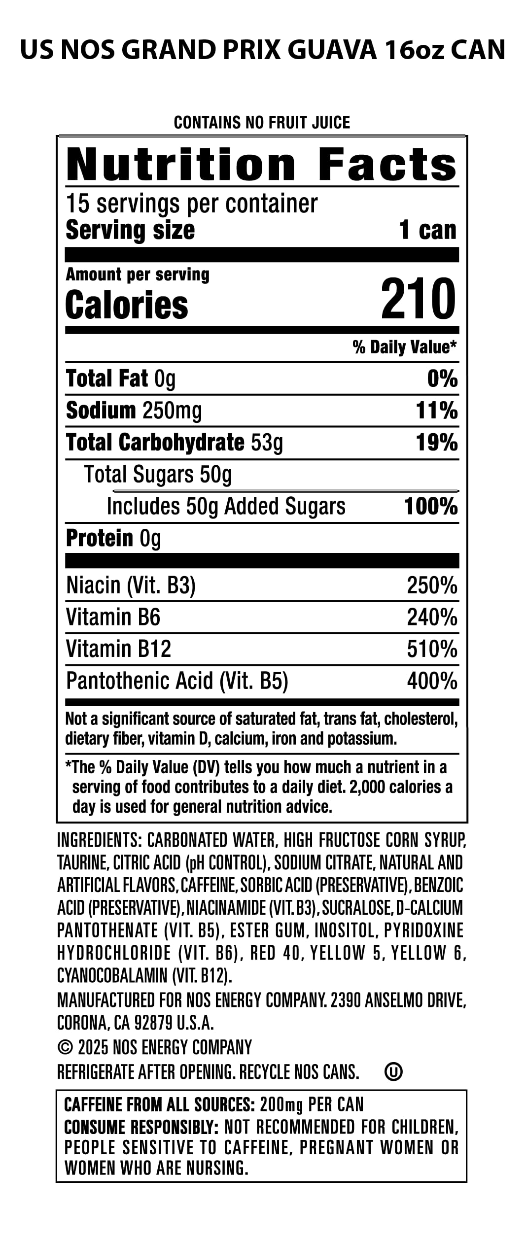 NOS Grand Prix Guava: High Performance Energy Drink. 16 Fl oz (Pack of 15)
