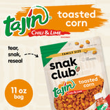 Snak Club Tajin Toasted Corn, Roasted Corn Nuggets with Chili and Lime Seasoning, Mild, 11 oz Resealable Bag