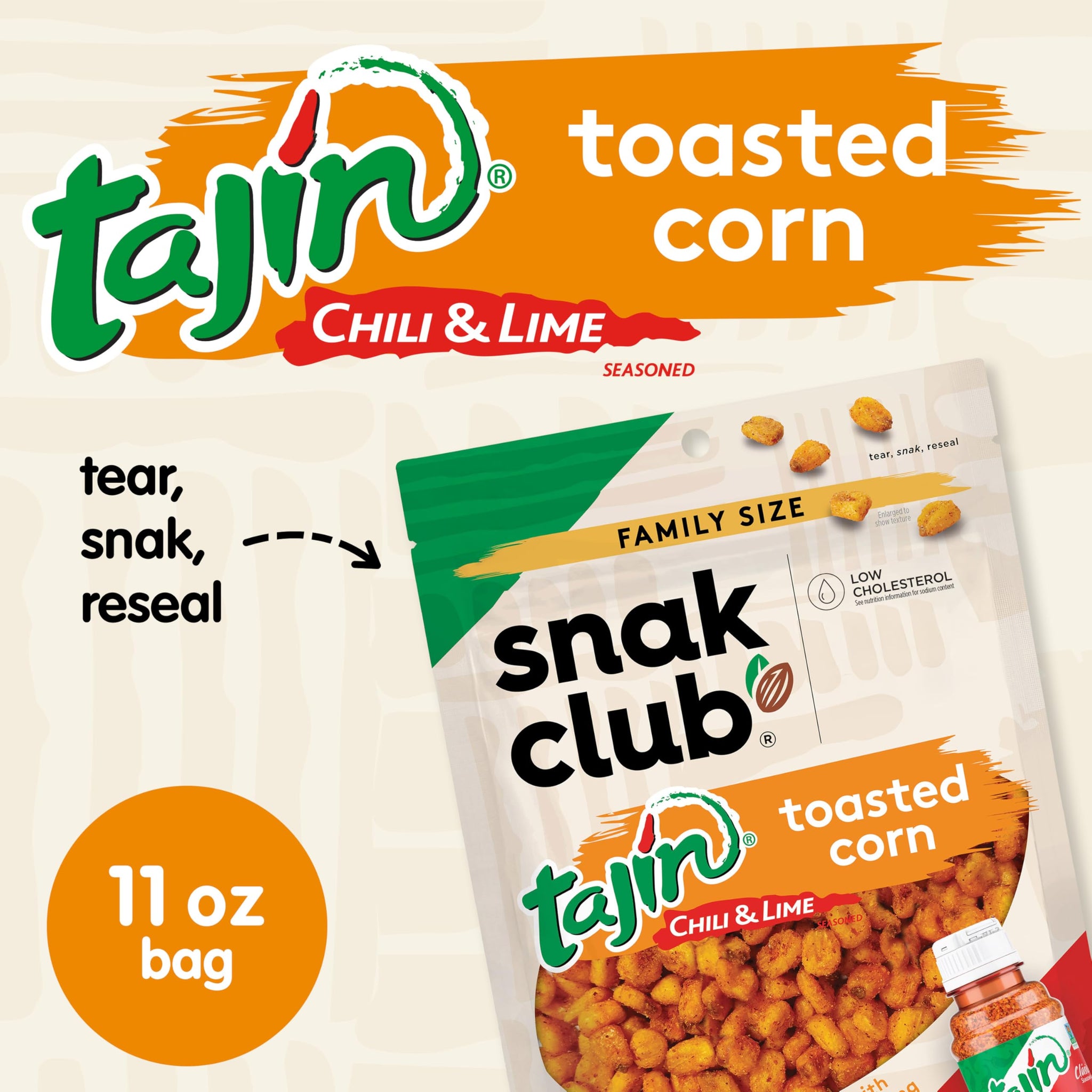 Snak Club Tajin Toasted Corn, Roasted Corn Nuggets with Chili and Lime Seasoning, Mild, 11 oz Resealable Bag