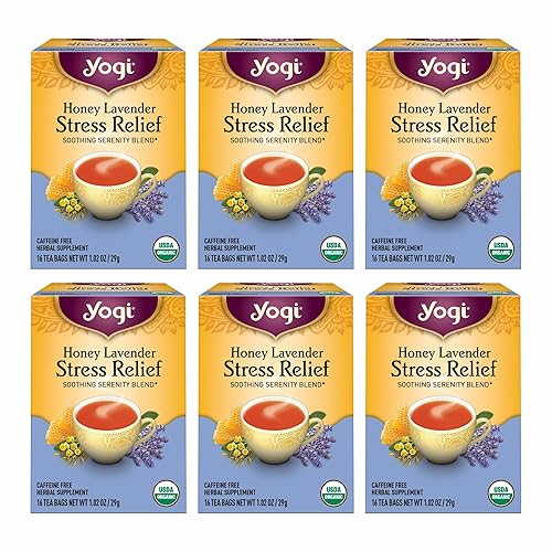 Yogi Tea Honey Lavender Stress Relief Tea - 16 Tea Bags per Pack (6 Packs) - Organic Chamomile Lavender Tea - Includes Lemon Balm, Lemongrass