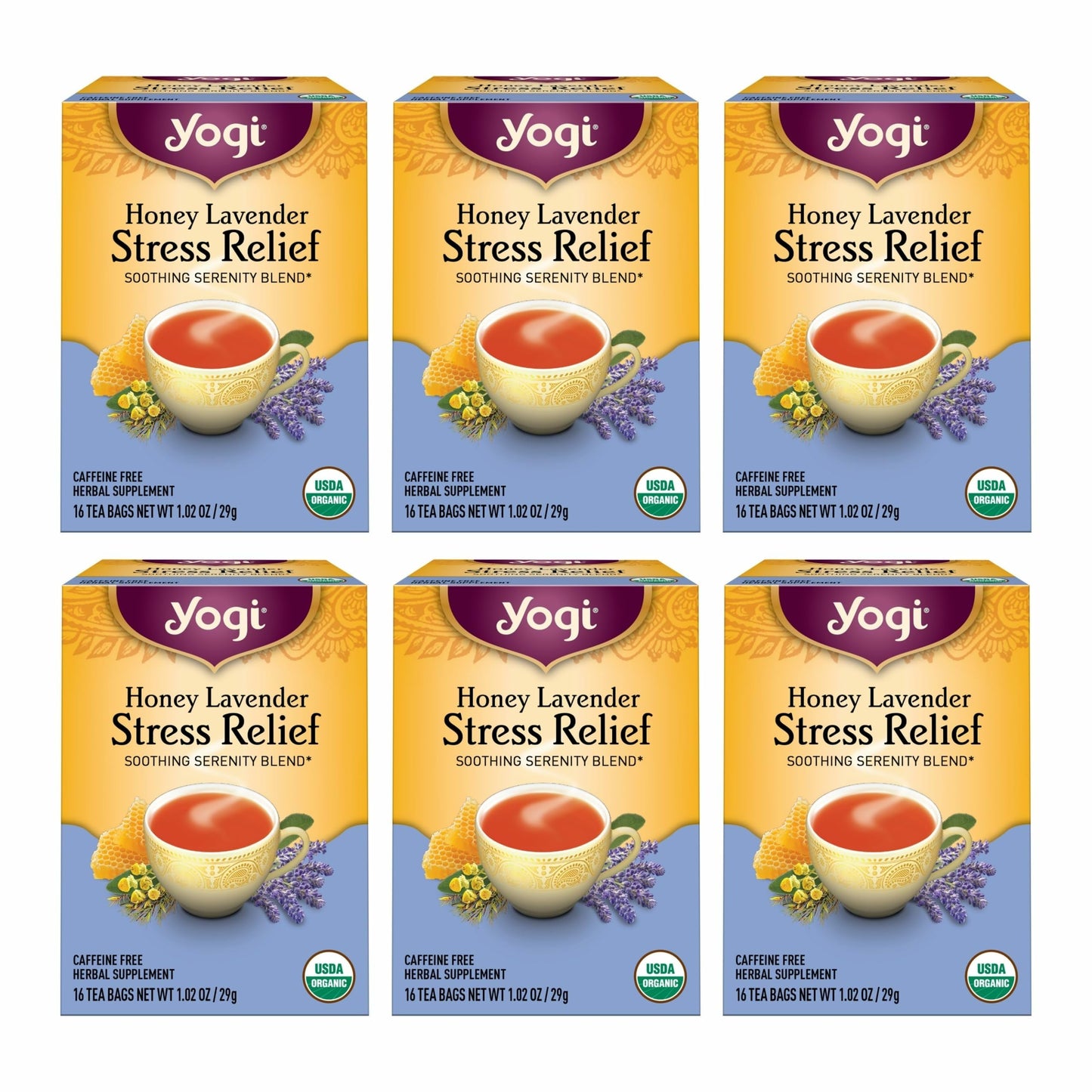 Yogi Tea Honey Lavender Stress Relief Tea - 16 Tea Bags per Pack (6 Packs) - Organic Chamomile Lavender Tea - Includes Lemon Balm, Lemongrass