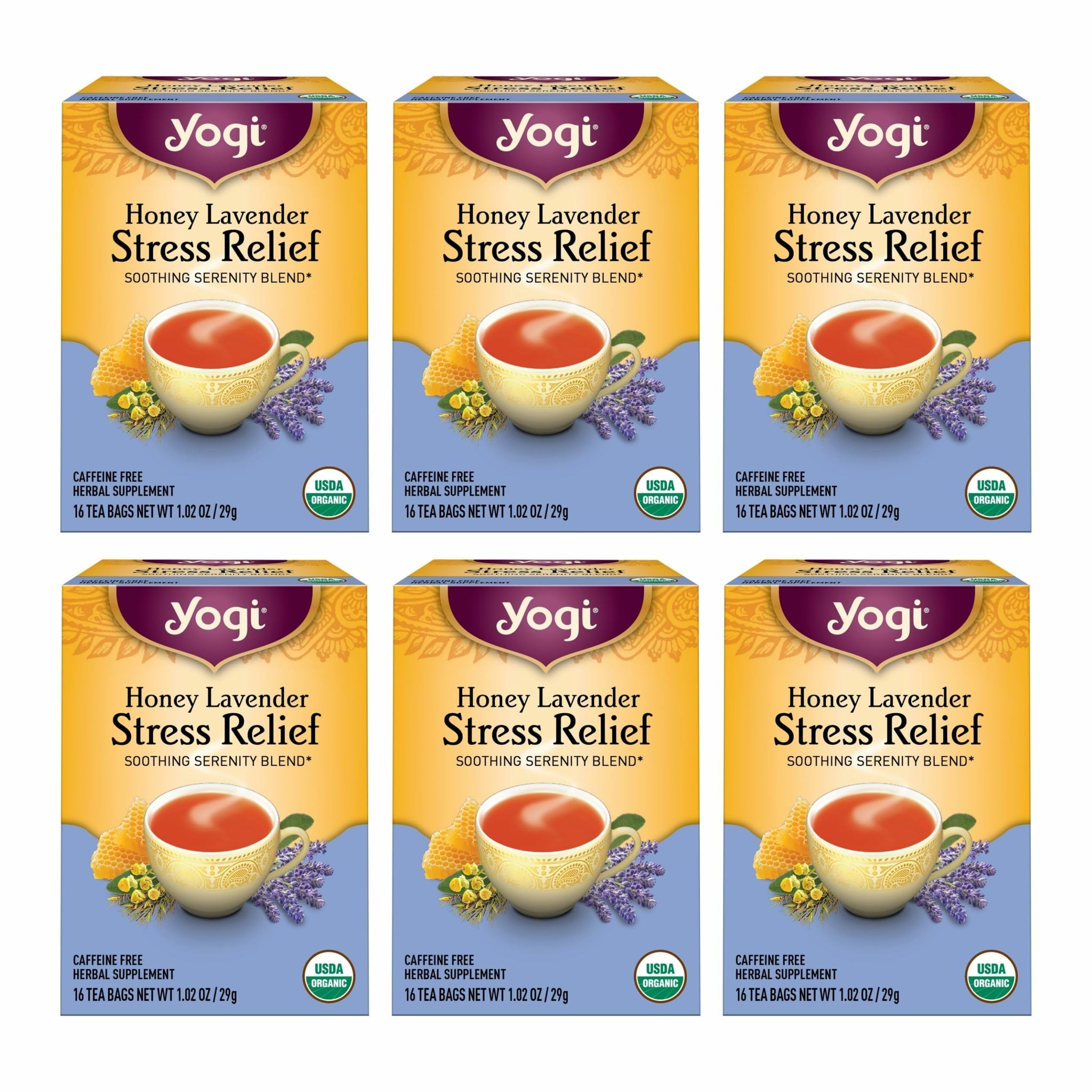 Yogi Tea Honey Lavender Stress Relief Tea - 16 Tea Bags per Pack (6 Packs) - Organic Chamomile Lavender Tea - Includes Lemon Balm, Lemongrass