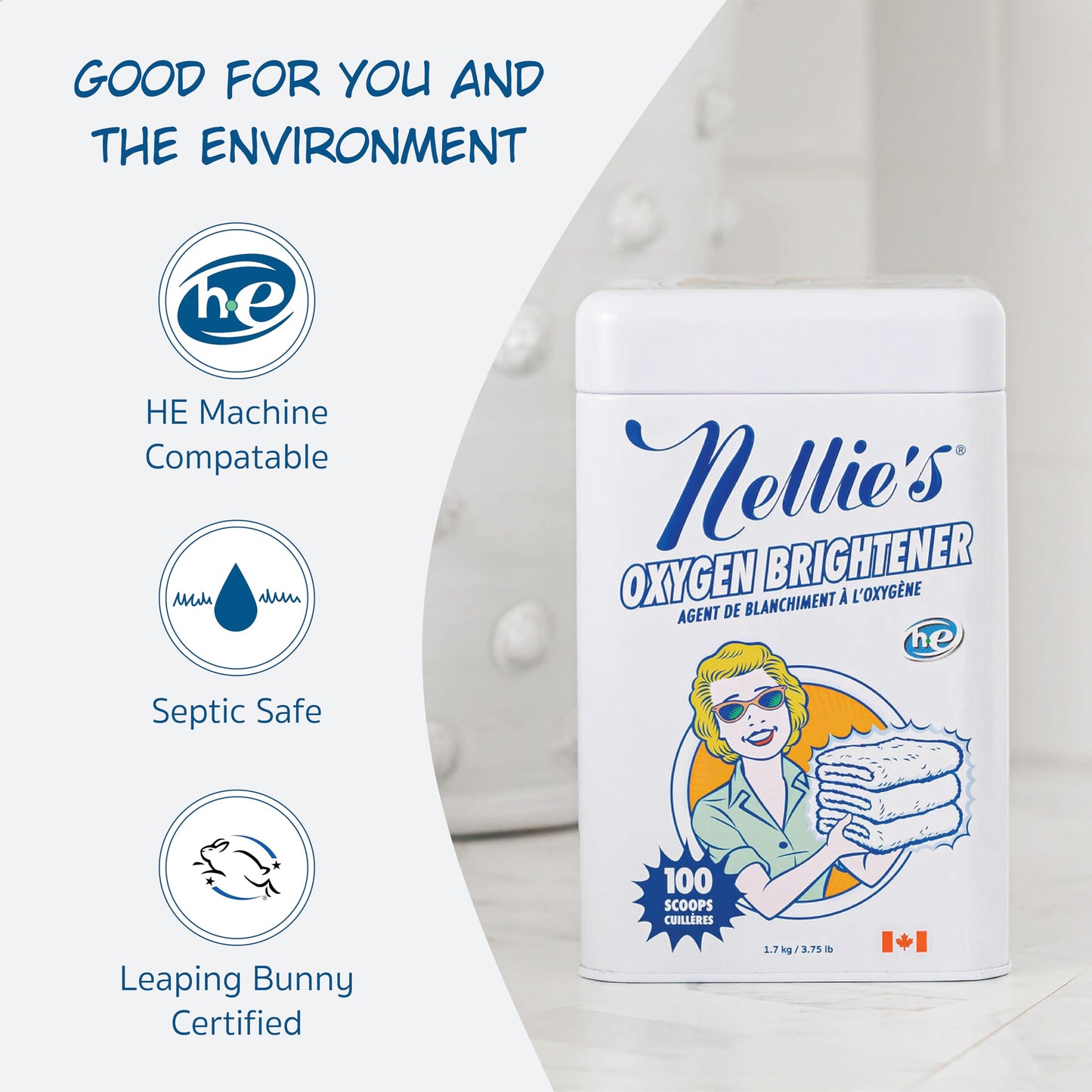 Nellie's Oxygen Brightener - 100 Scoops - Planet Friendly Stain Remover - Safe Alternative to Bleach - Septic-Safe Formula - Compact Powder Form