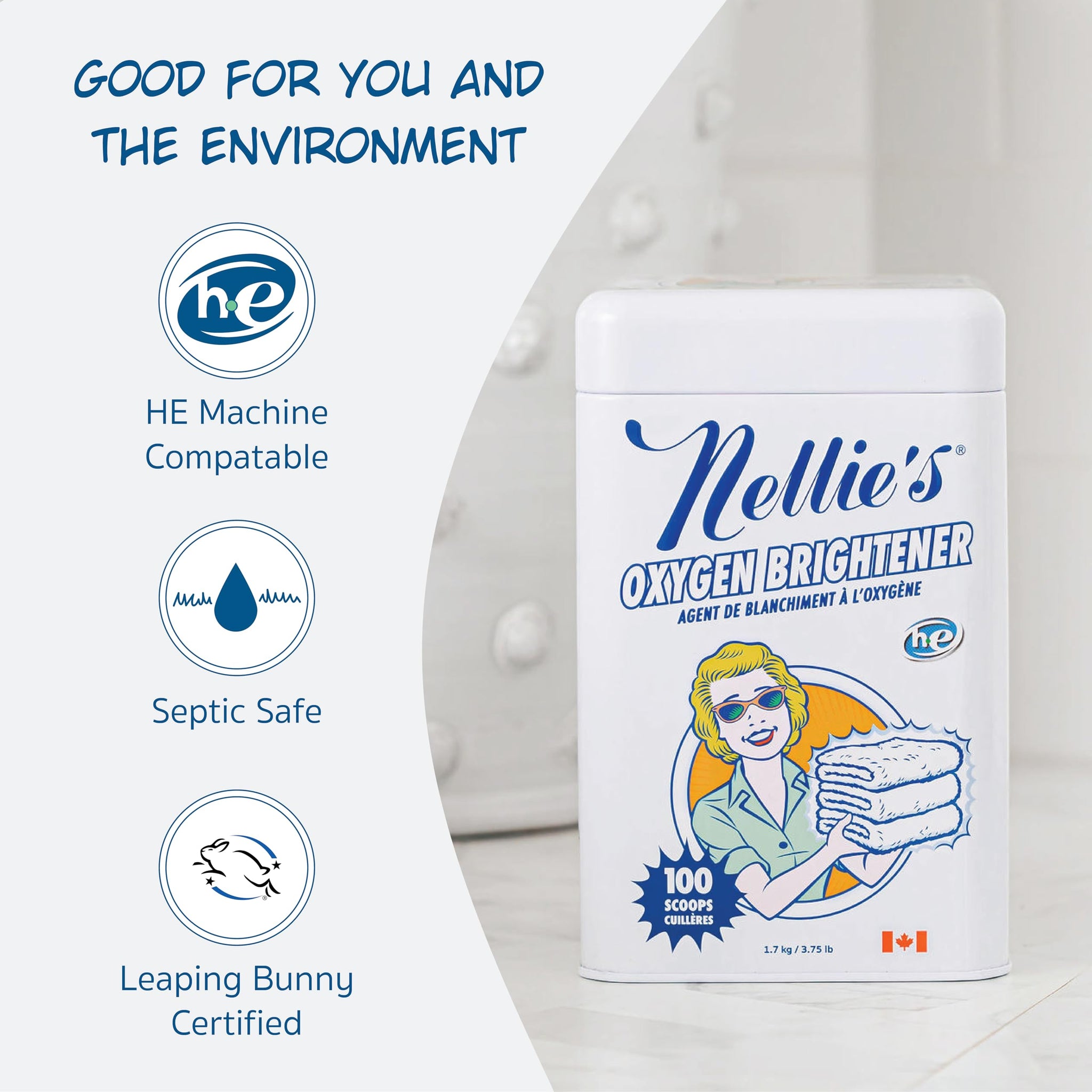 Nellie's Oxygen Brightener - 100 Scoops - Planet Friendly Stain Remover - Safe Alternative to Bleach - Septic-Safe Formula - Compact Powder Form