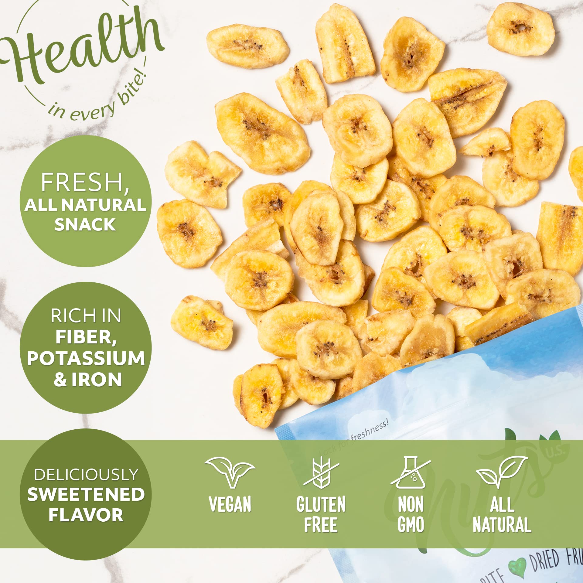 NUTS U.S. - Banana Chips | Dried and Sweetened | All Natural | Vegetarian | Non GMO and Gluten Free | Packed in a Resealable Bag (2 LBS)