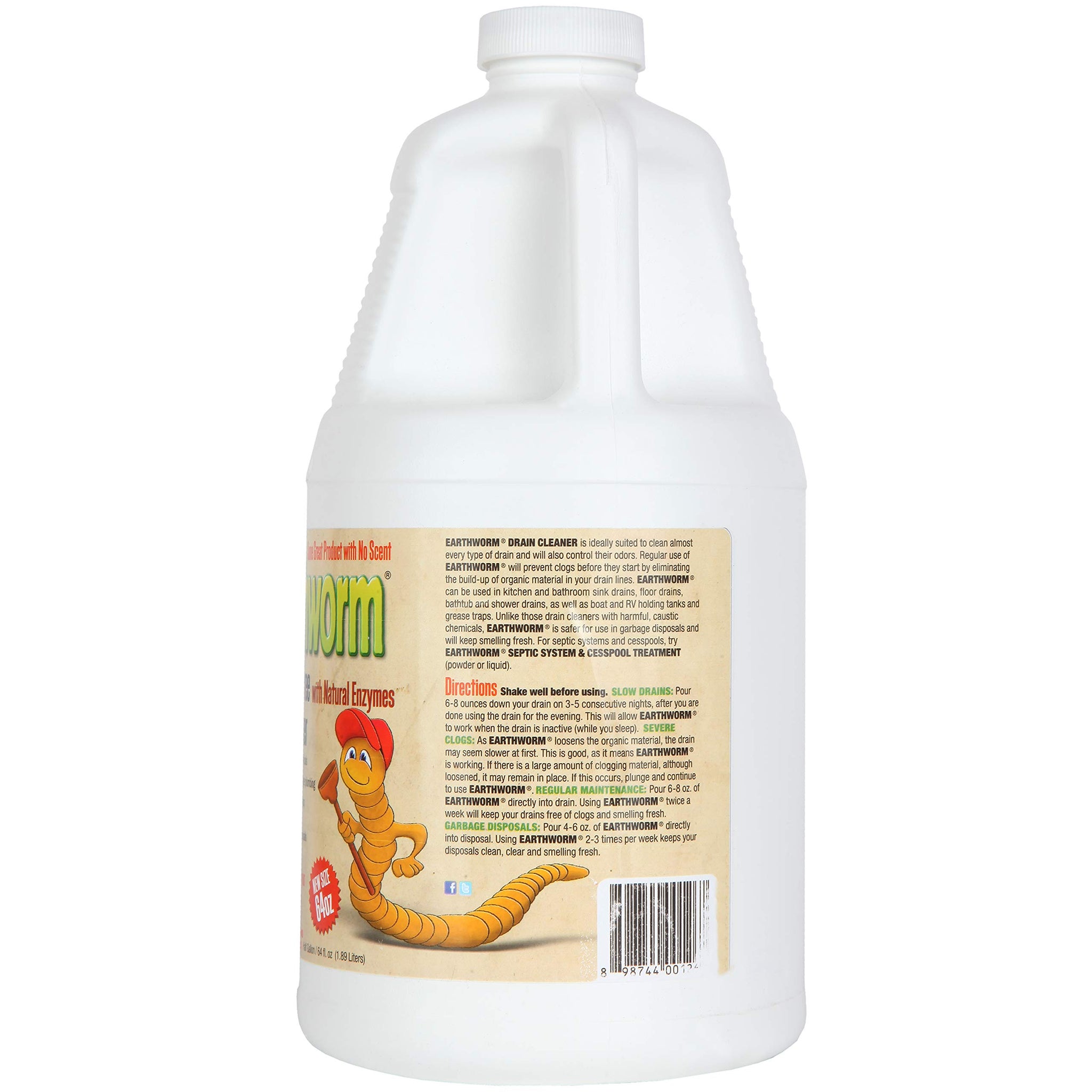 Earthworm Fragrance Free Drain Cleaner - Drain Opener - Natural Enzymes, Environmentally Responsible, Safer for Pets and Kids - 1 Half Gallon, 64 oz