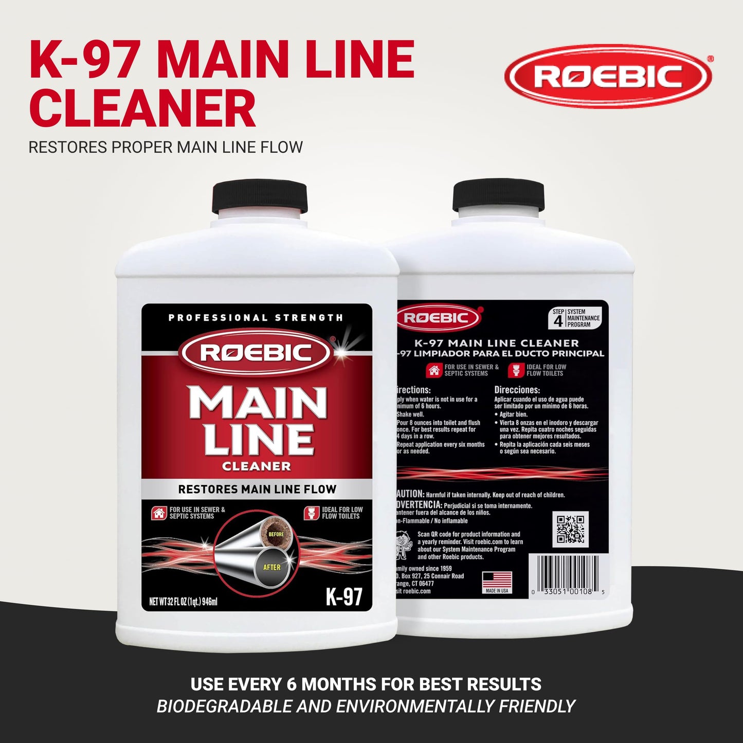 Roebic K-97 Liquid Main Line Cleaner with Bacteria Enzymes, Eliminates Organic Buildup in Sewer/Septic System and Protects from Clogs, Safe