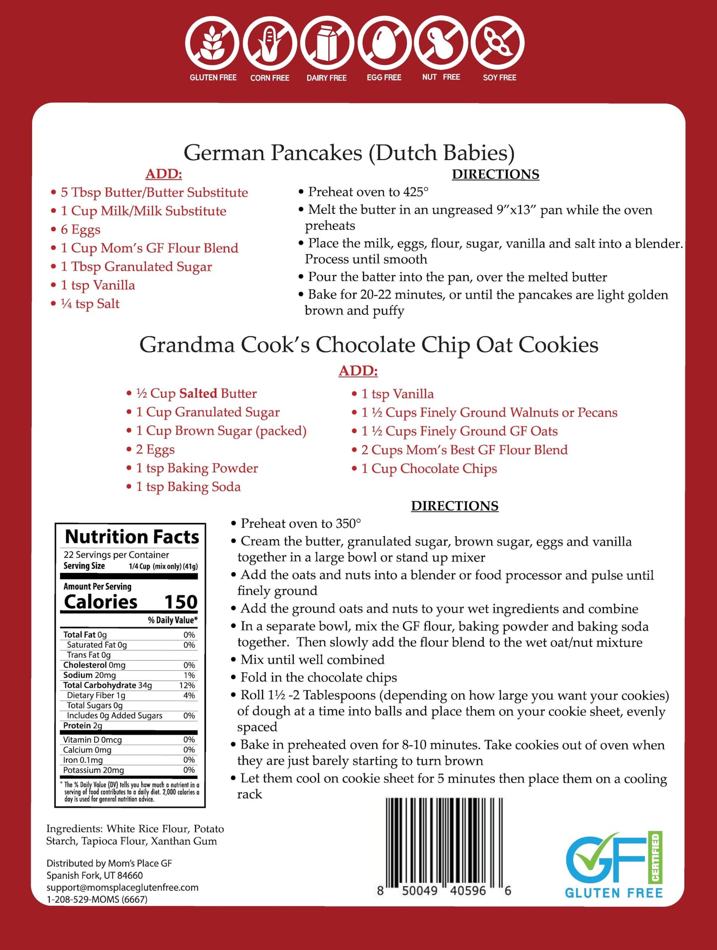 Mom's Place Gluten-Free Flour Blend, Vegan, Nut Free, Dairy Free, Corn Free & Soy Free, 2 lbs
