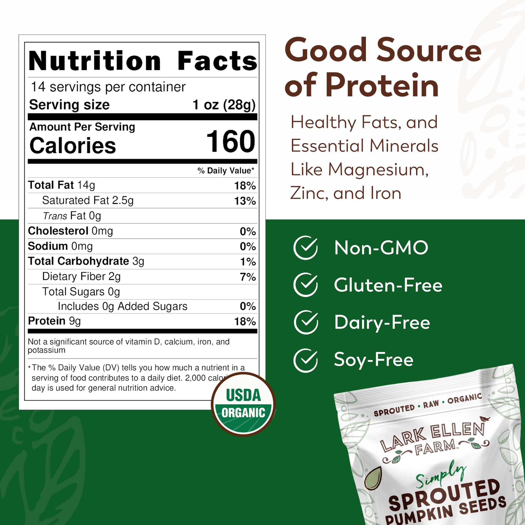 Lark Ellen Farm Sprouted Organic Pumpkin Seeds - Raw, Unsalted, Air-Dried Pepitas for Snacking, Salads, Trail Mix - USDA Organic, Non-GMO, Vegan