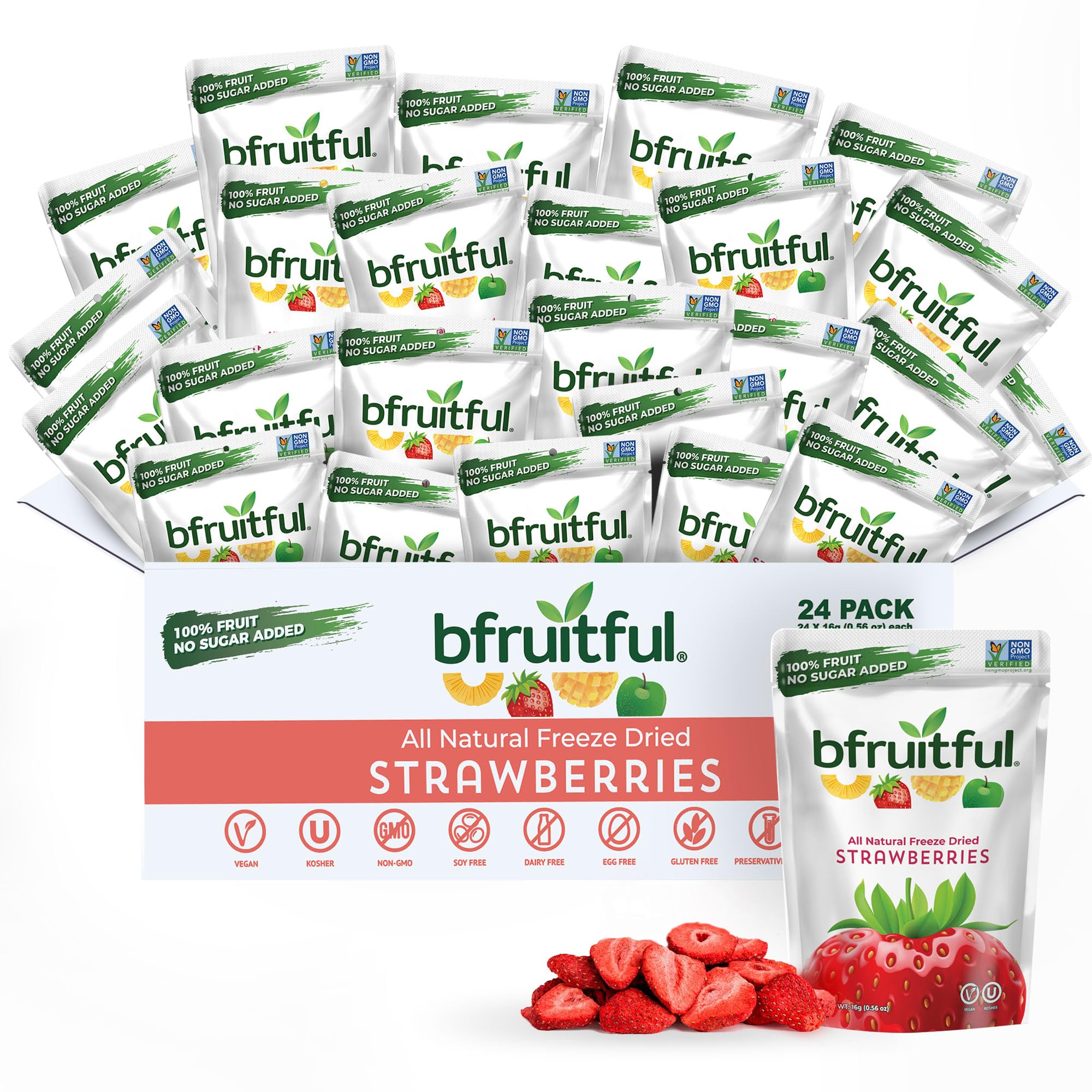 bfruitful Freeze Dried Strawberries, Freeze-Dried Strawberry Snacks with No Sugar Added, Vegan, Non GMO, Kosher, Fruit Bites for Kids and Adults, 0.56