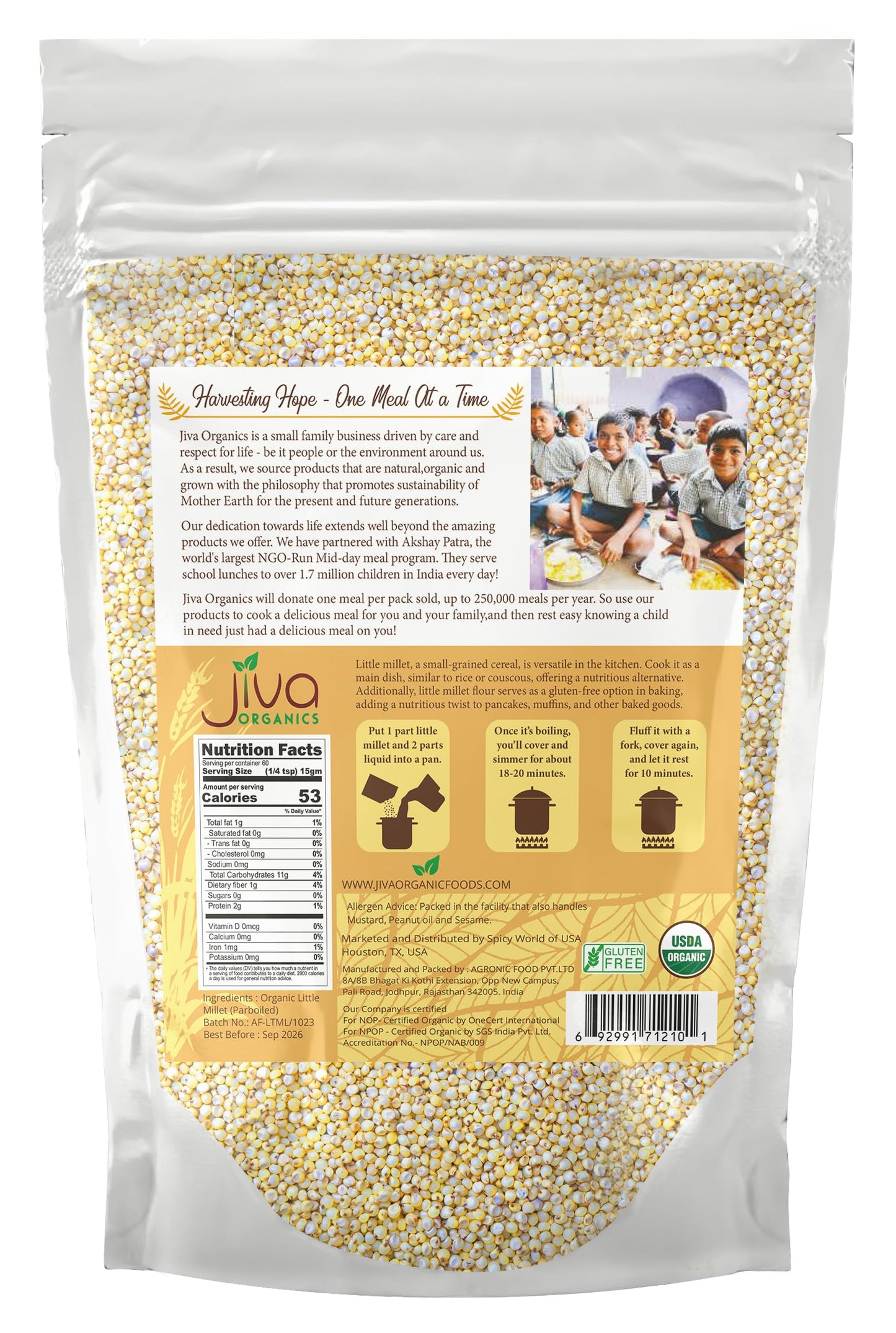 Jiva Organics Little Millet 2 LB Bag | Whole Grain, Gluten-Free & Organic | Rich in Fiber & Essential Nutrients for Healthy Cooking