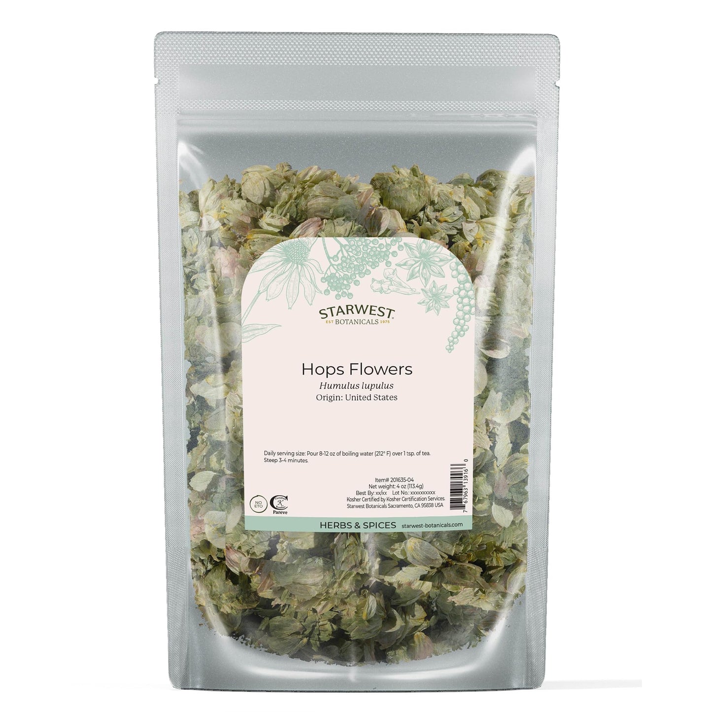 Starwest Botanicals Dried Hops Flowers Whole - Herb for Hot Water & Tea, Use in Herbal Blends, Natural Pine & Citrus Notes, Certified Kosher - 4 oz