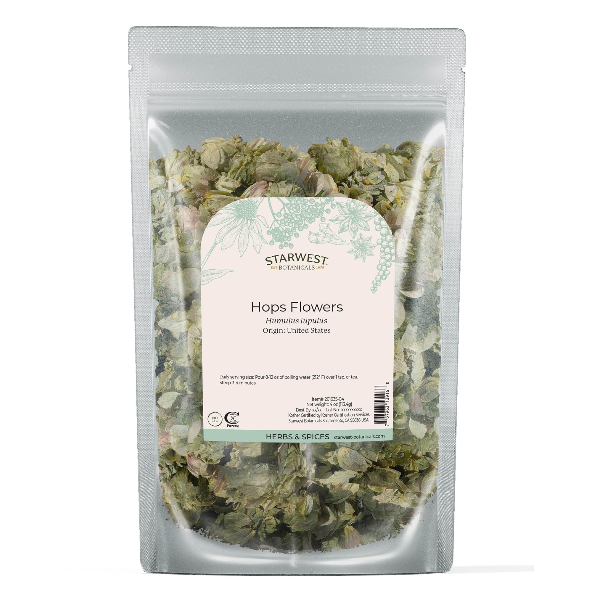 Starwest Botanicals Dried Hops Flowers Whole - Herb for Hot Water & Tea, Use in Herbal Blends, Natural Pine & Citrus Notes, Certified Kosher - 4 oz