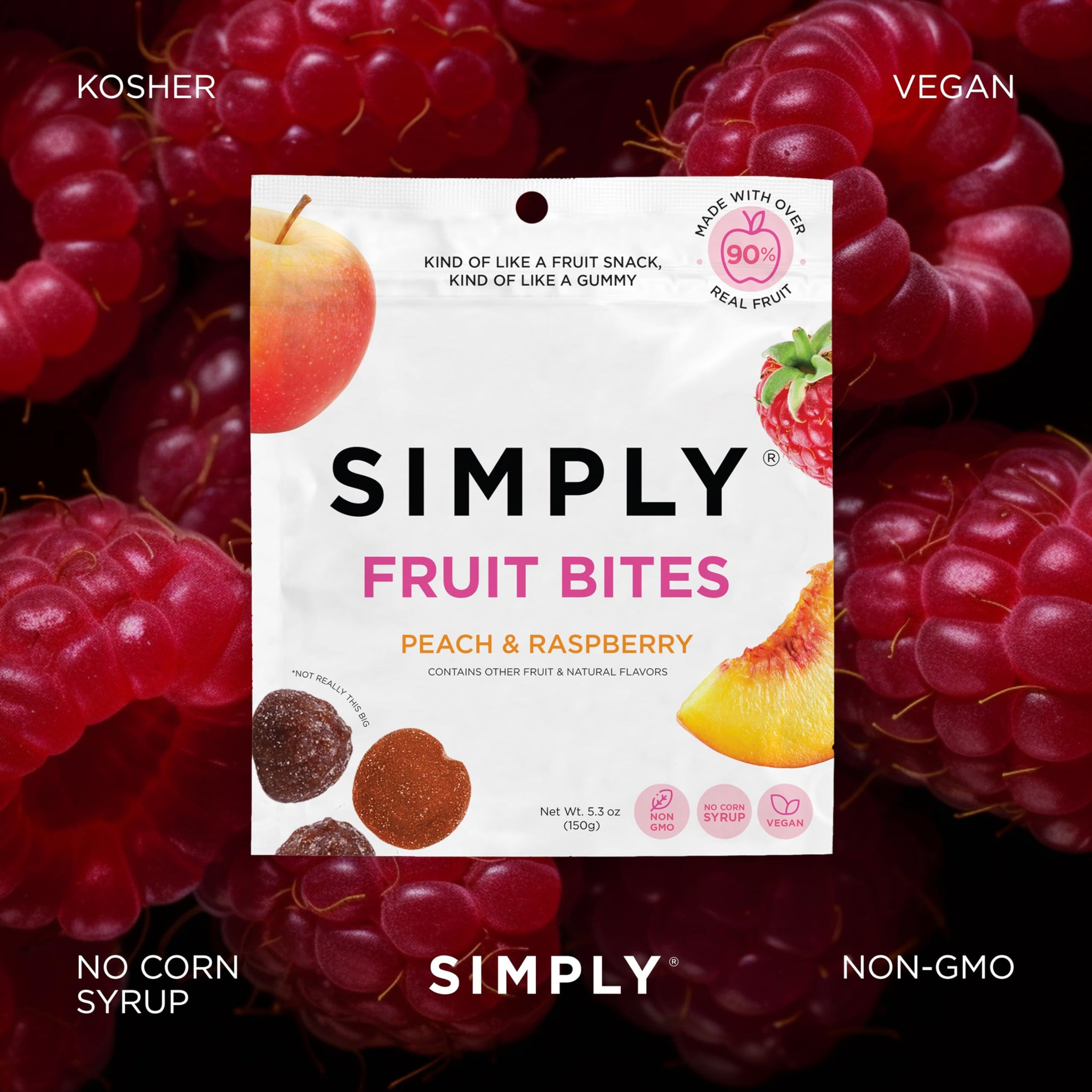 SIMPLY Fruit Bites (Really Real Gummies) | Made with Real Fruit | Peach and Raspberry | 5.3 oz (Pack of 2) | No Cane Sugar + Gluten Free + Kosher
