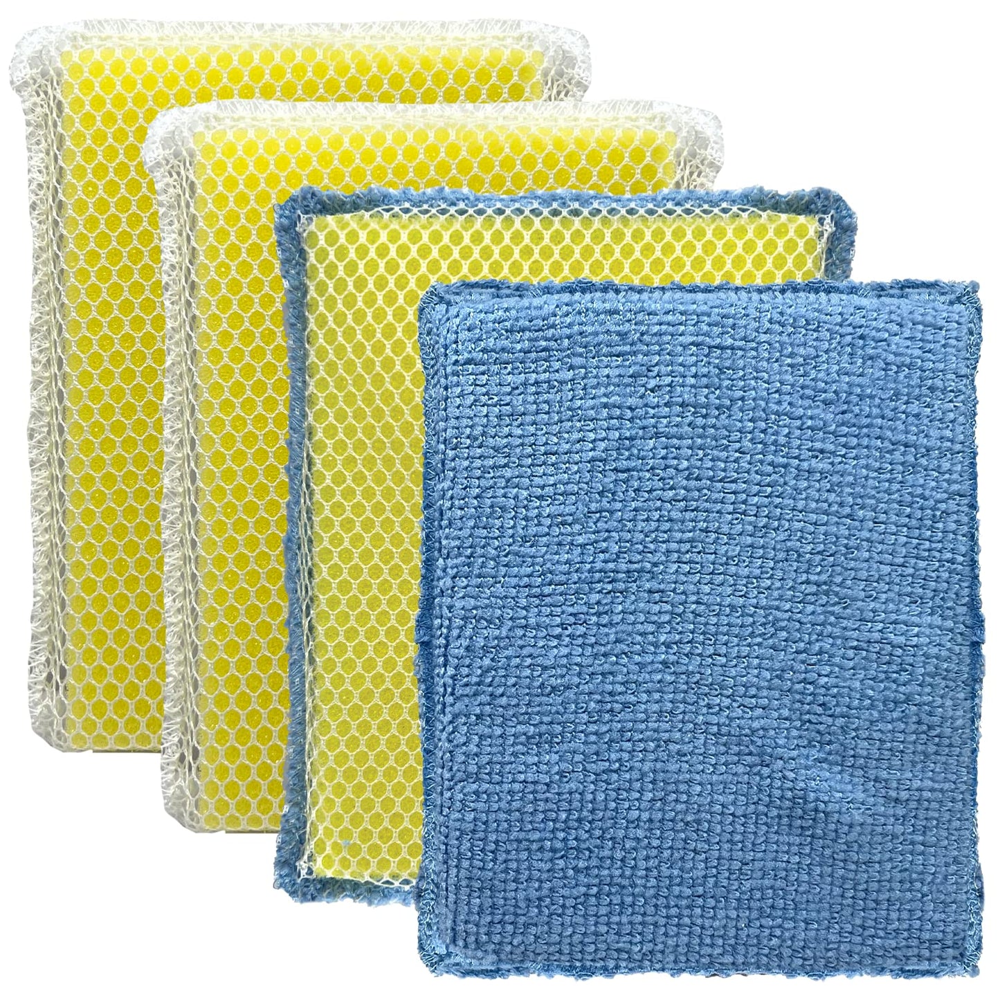 LOLA Microfiber & Nylon Net Sponges, 4 Pack, 2 Dual Sided Non Scratch Sponge Pads & 2 w/Microfiber Cloth One Side and Netting on the Other Side