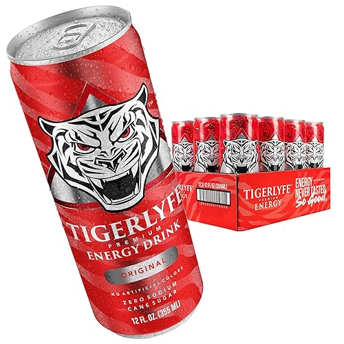 TIGERLYFE Energy Drink 12 Pack, 12oz Slim Cans, Energy Drinks Bulk with 24g Cane Sugar, 110 Calories Energy Drink for Energy & Focus, Zero Calorie