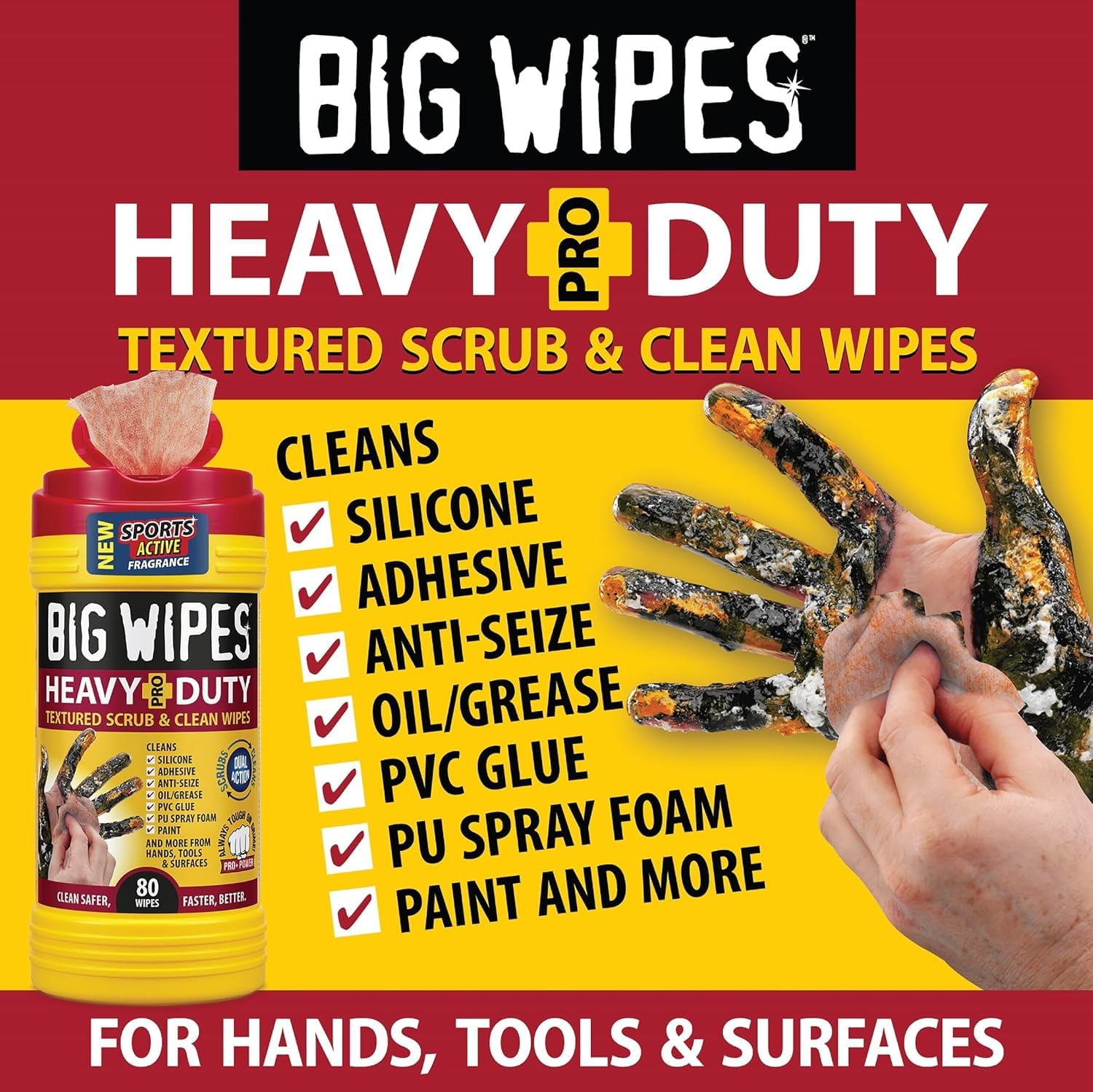 BIG WIPES Heavy Duty Industrial Hand Cleaning Wipes, Textured Scrubbing Degreaser Wipes for Mechanics and Tool Cleaner - 80 Count Canister (2 Pack)