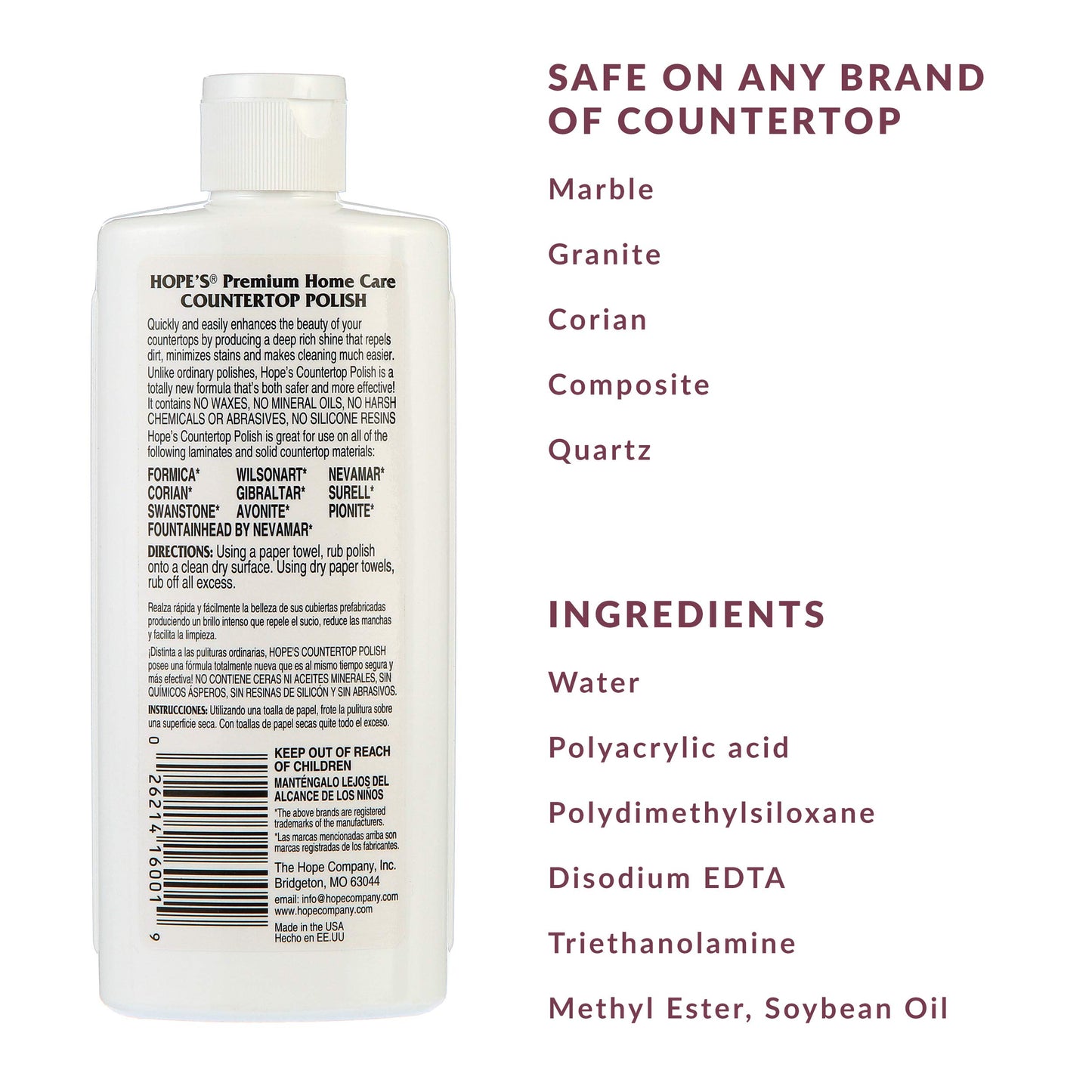 HOPE'S Countertop Restoration Polish, Streak-Free Kitchen Counter Cleaner, No Buildup on Countertops, Quartz, Marble, Corian, Composite, and Granite