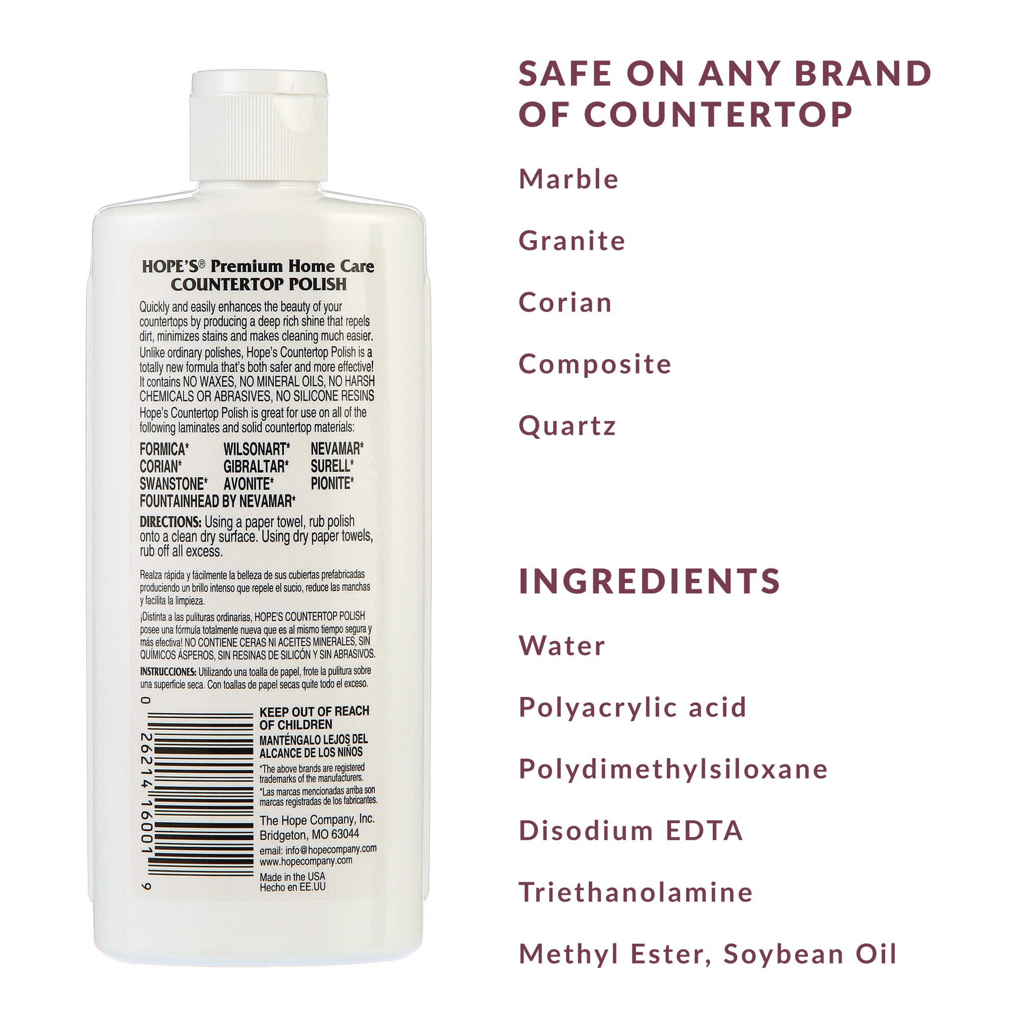 HOPE'S Countertop Restoration Polish, Streak-Free Kitchen Counter Cleaner, No Buildup on Countertops, Quartz, Marble, Corian, Composite, and Granite