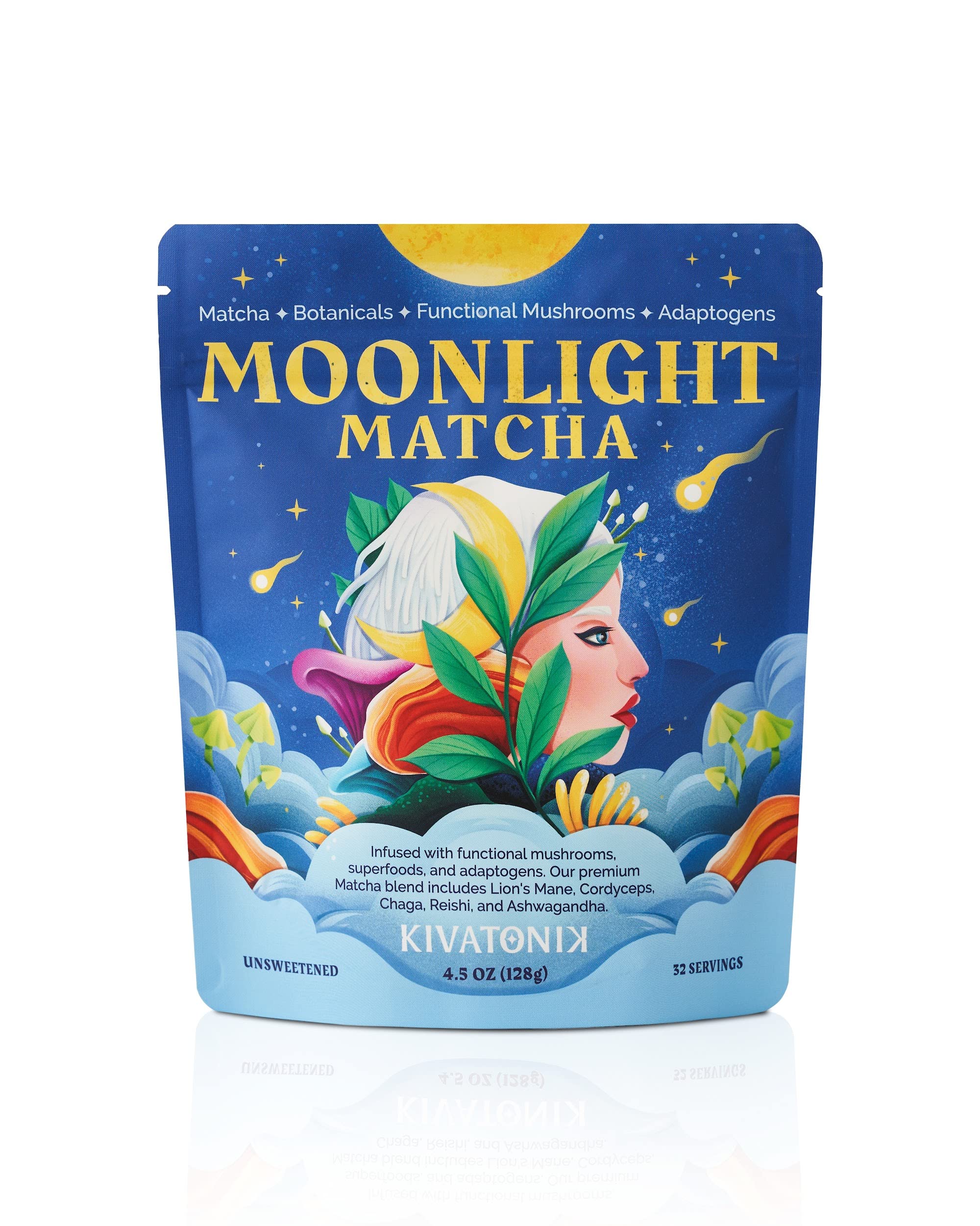 KIVATONIK Moonlight Matcha - Ceremonial Matcha with Organic Functional Mushrooms and Adaptogens - Lion's Mane, Cordyceps, Chaga, Reishi